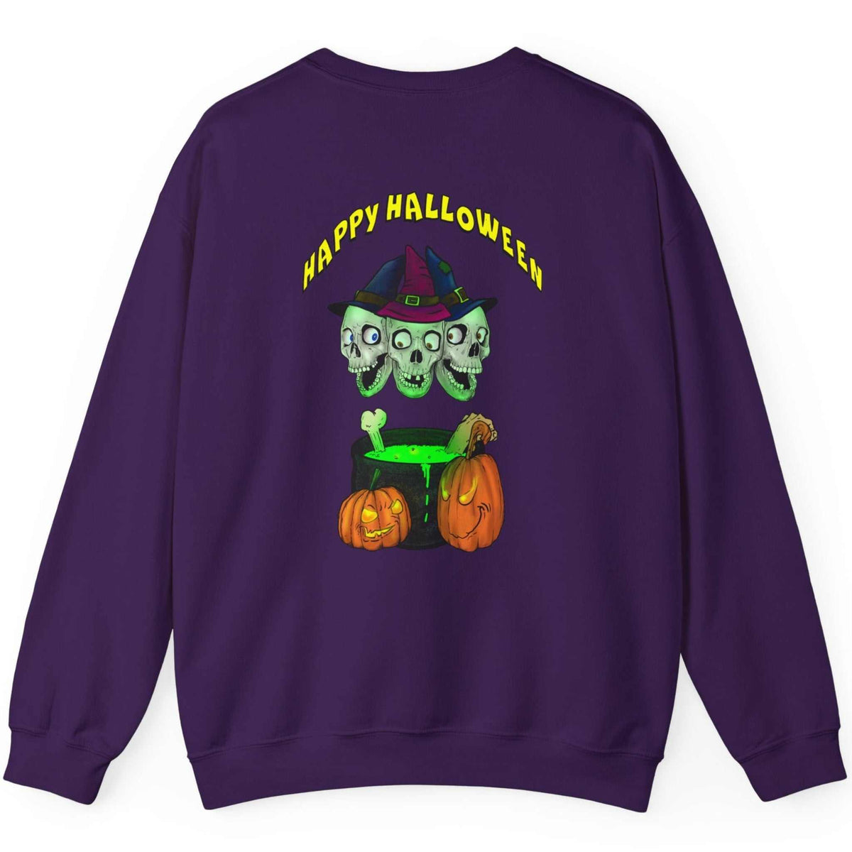 Back view of the purple double-sided Halloween sweatshirt showing the skulls and cauldron graphic, laid flat.
