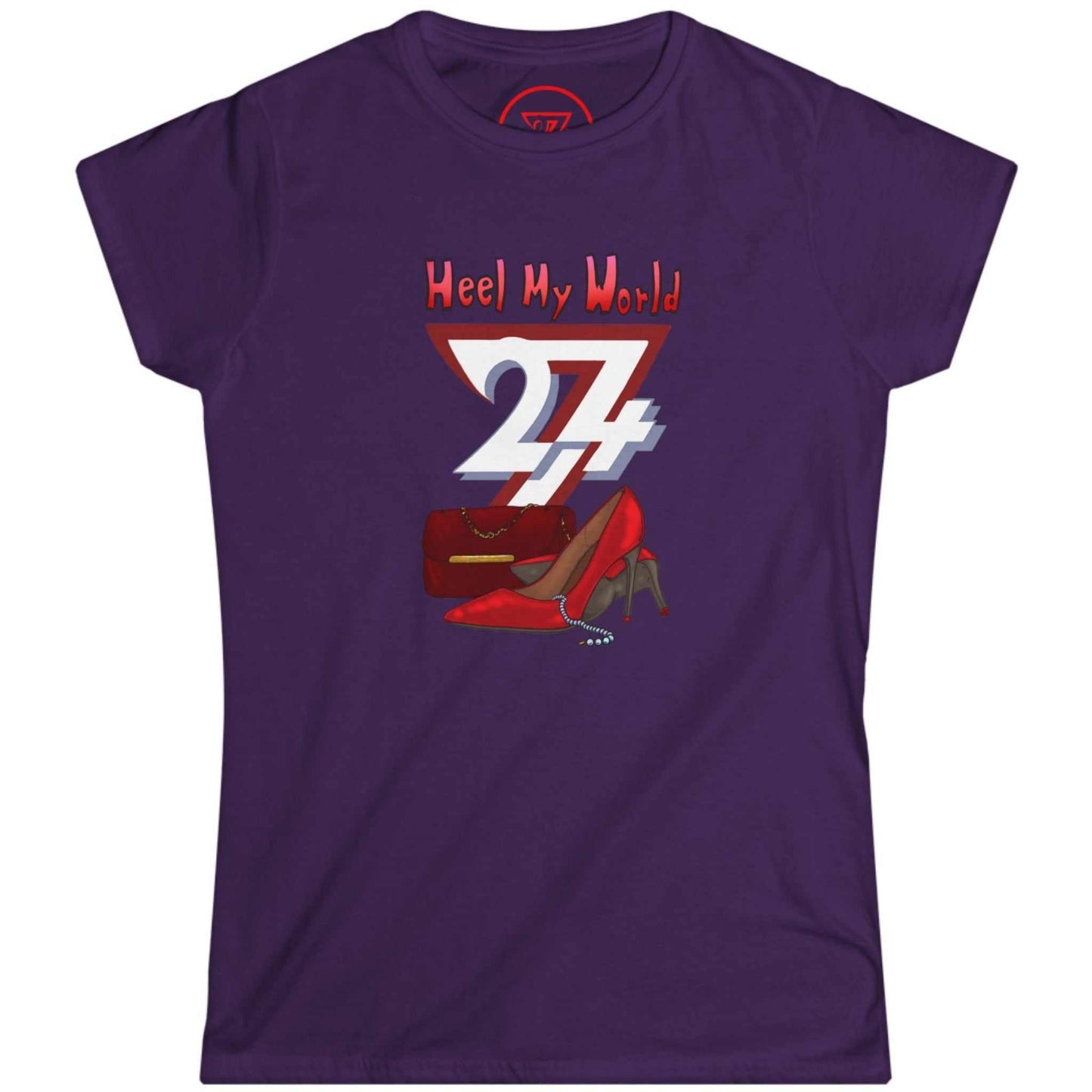 Purple elegant high heel graphic tee featuring the intricate pearl and shoe graphic, shown on a clean background.