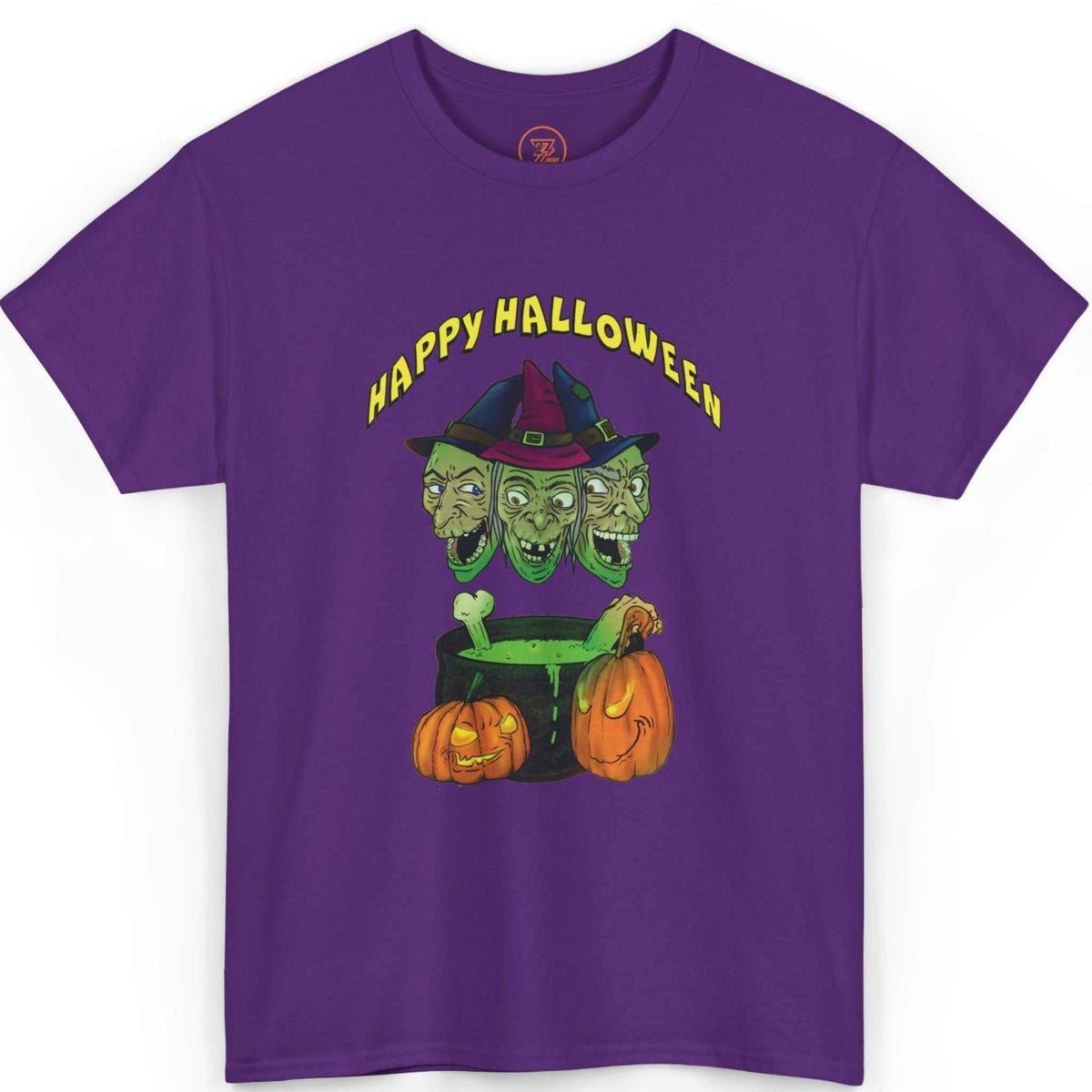 Front view of a vibrant purple front and back print Halloween apparel tee highlighting the clean digitally hand-drawn witches illustration, laid flat.