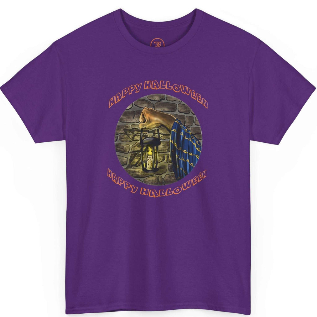 Front view of a vibrant purple hand-drawn fantasy apparel tee showcasing the glowing lantern graphic, laid flat on a clean background.