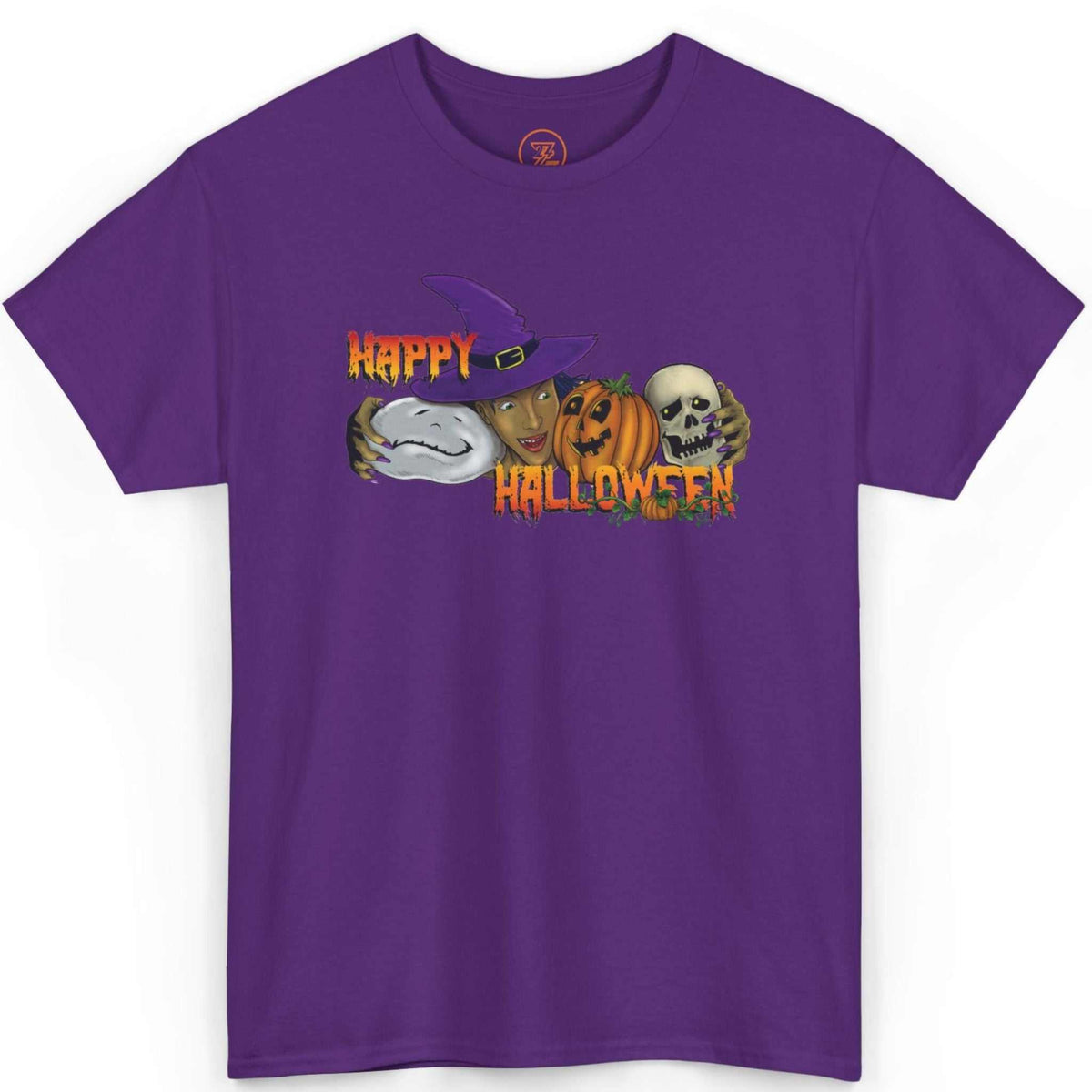 Front view of a deep purple Happy Halloween witch tee showcasing the vibrant cartoon graphic, laid flat on a clean background.