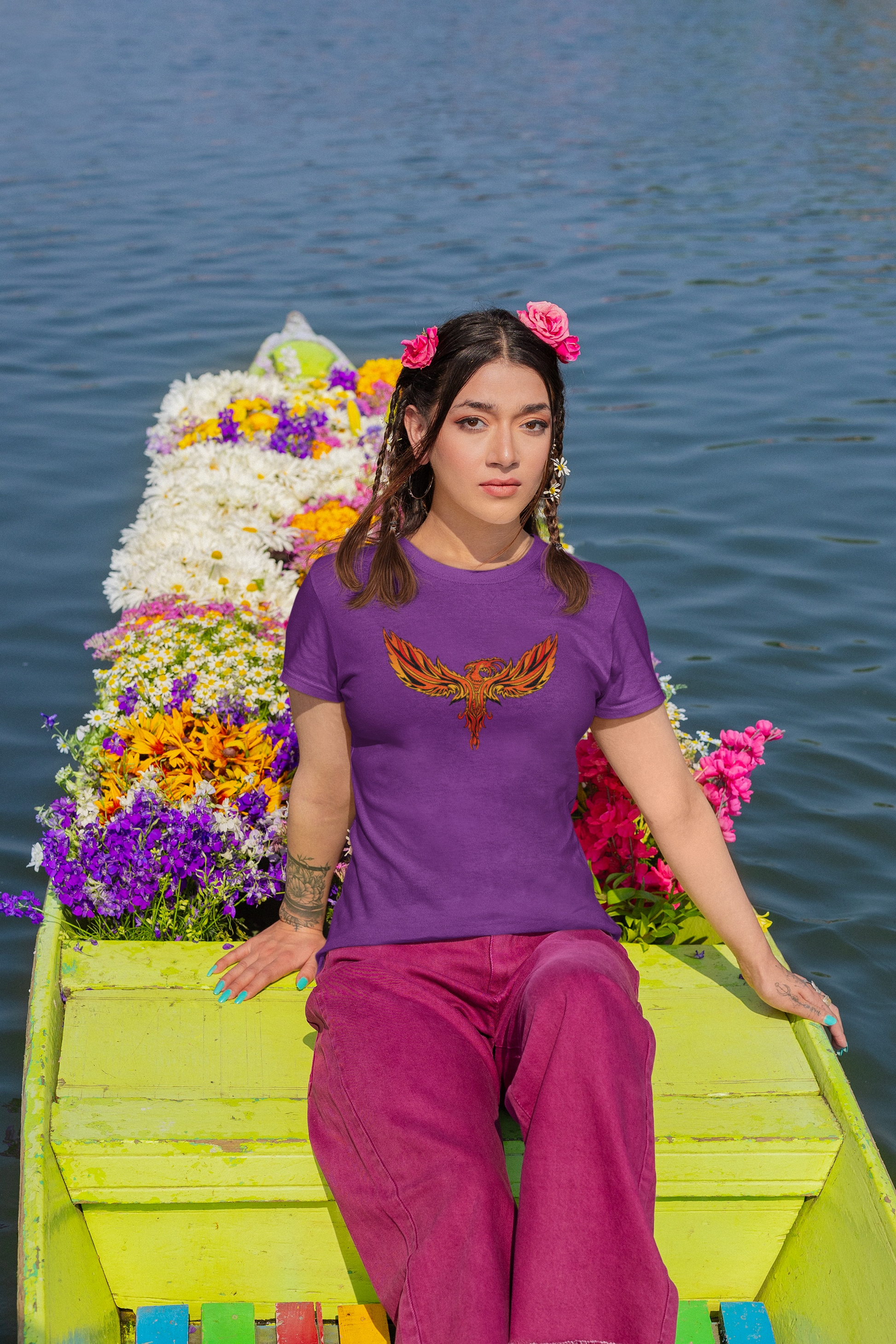 Purple phoenix printed tee on female model