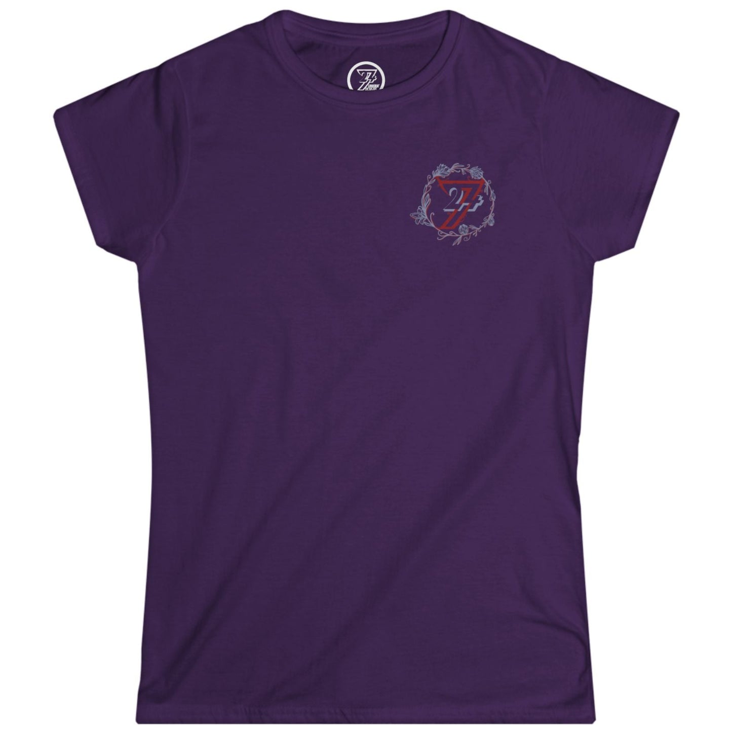 Deep purple elegant women's top showcasing a small chest pocket size wreath graphic.