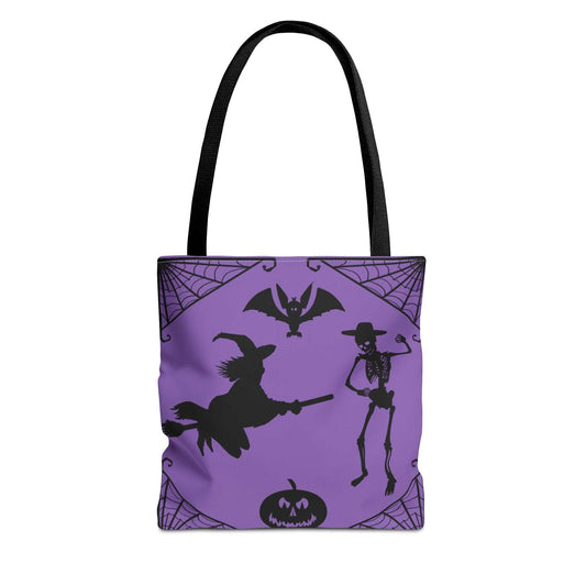 Front view of the 13x13 Spooky Halloween characters tote bag featuring digitally hand-drawn black silhouettes on a vibrant purple background, displayed flat.