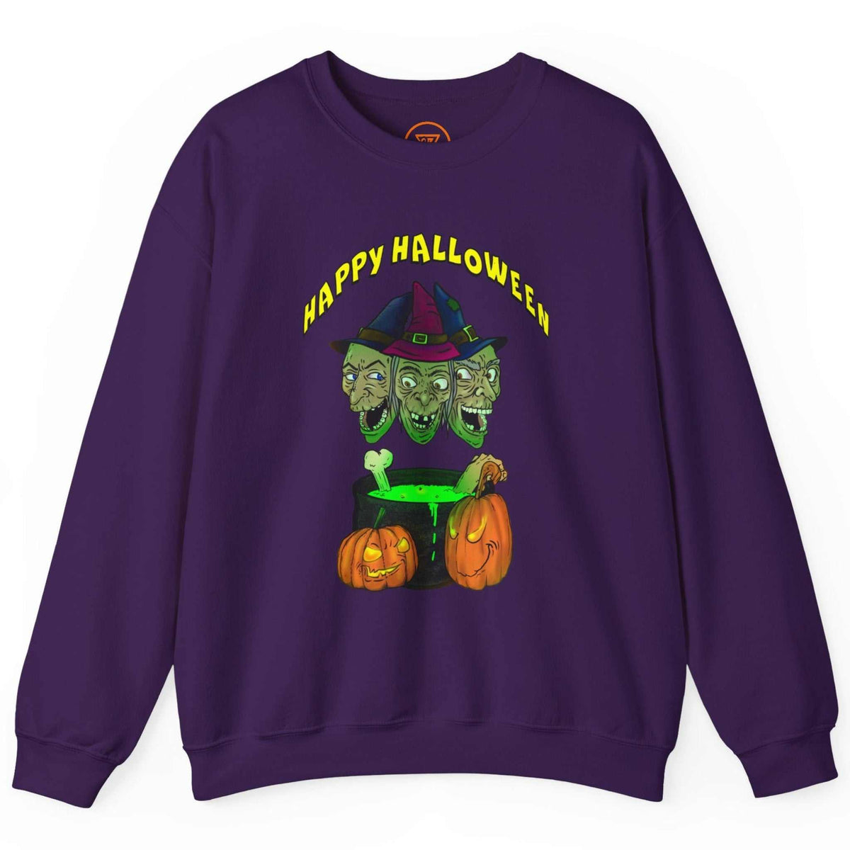 Front view of a deep purple spooky Halloween sweatshirt featuring the crisp front witch artwork, displayed flat.