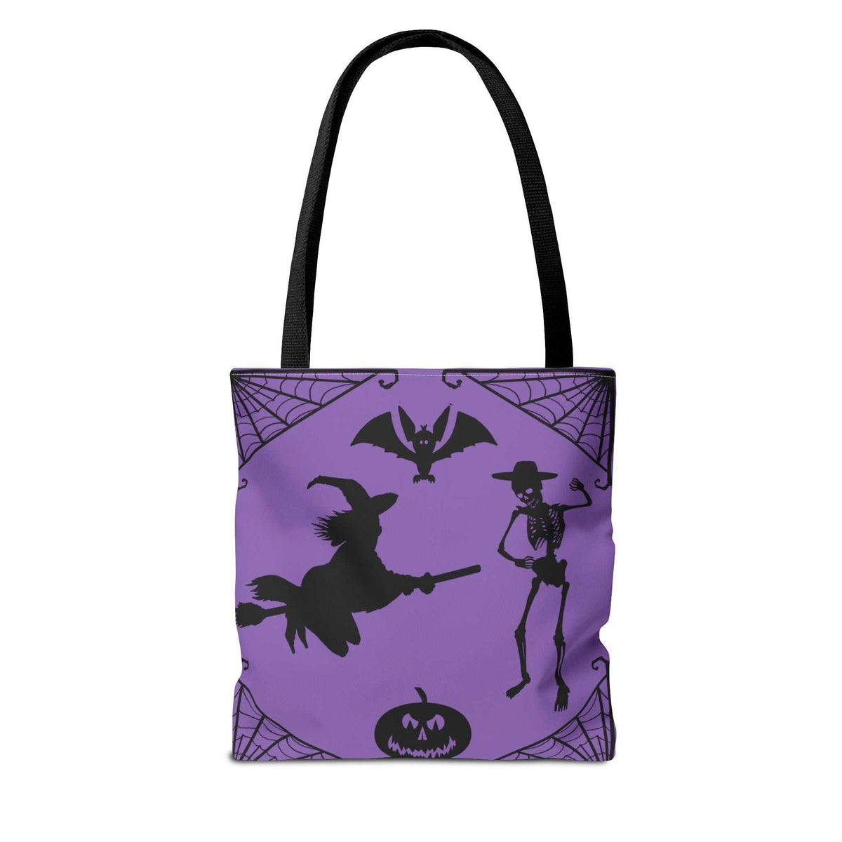 Back view of the purple trick or treat canvas bag with black handles, showcasing the durable fabric and seamless stitching.
