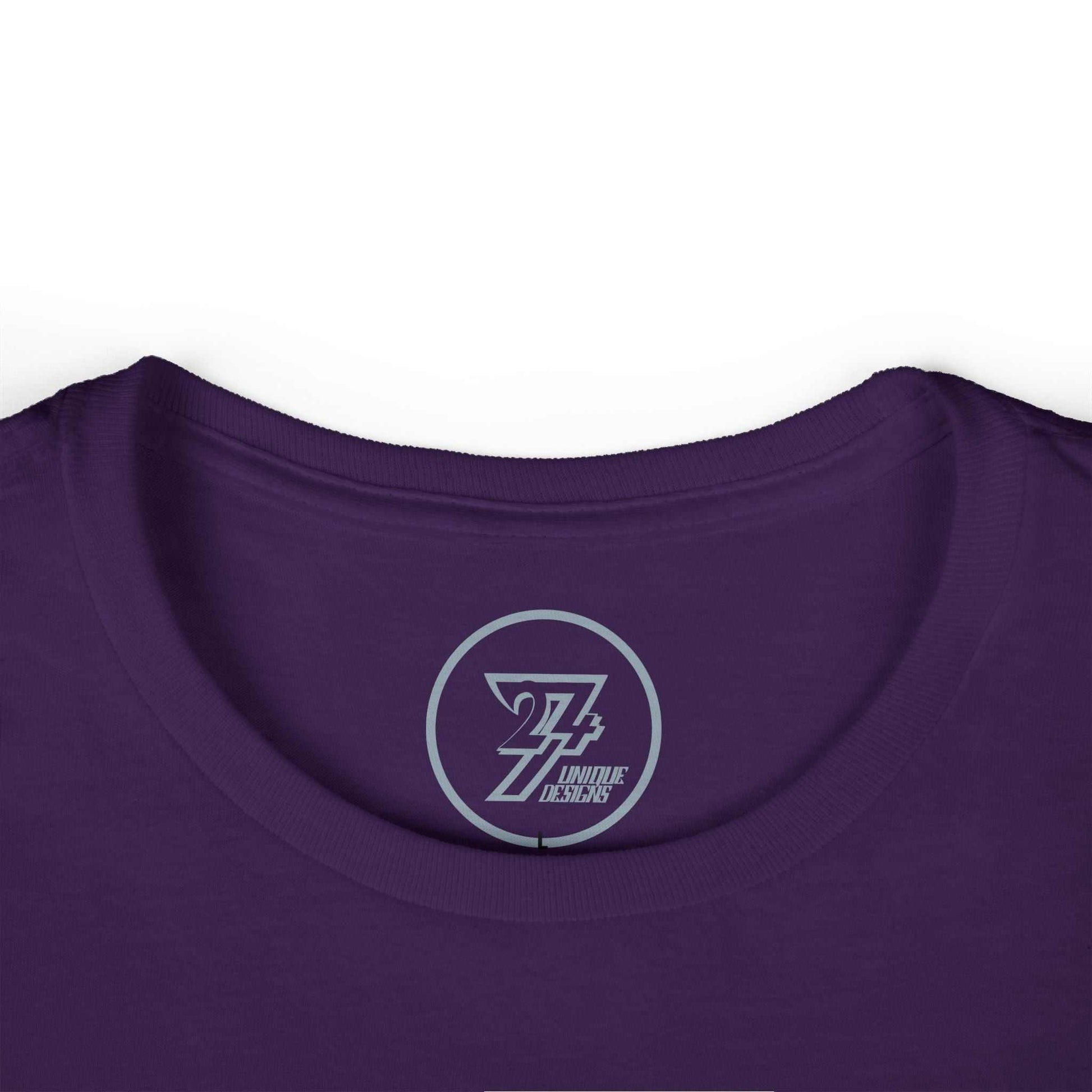 Close-up view of the solid purple t-shirt's collar, showing the printed inner collar trademark logo and tagless comfort.