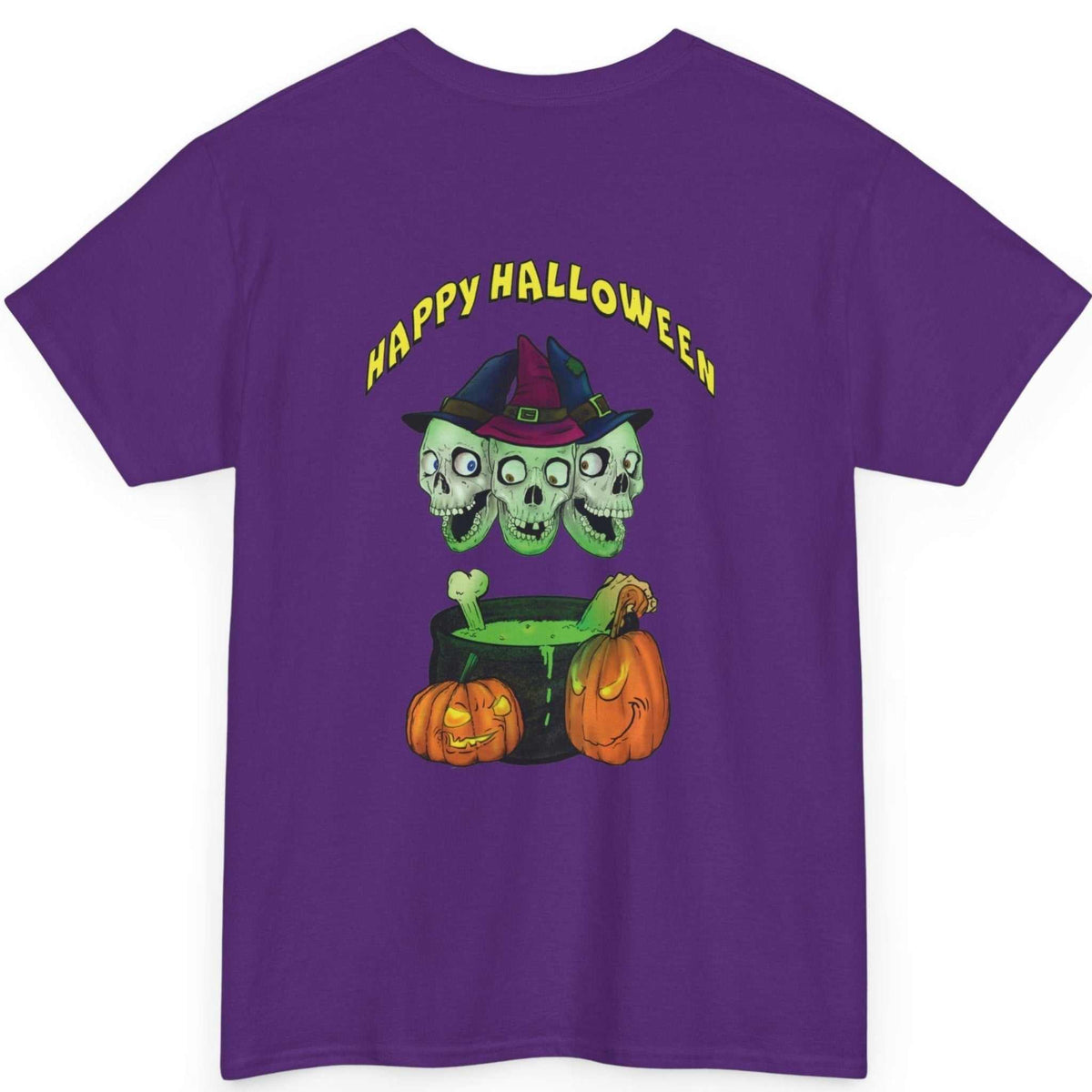 Back view of the purple two sided Halloween tee showing the skulls and cauldron graphic, laid flat.