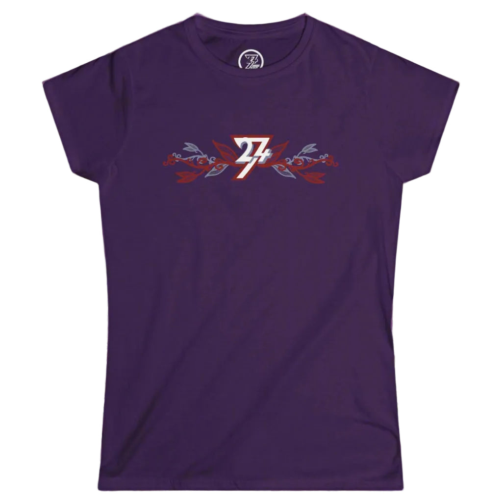 Front view of a women's purple floral t-shirt featuring a custom Southampton UK design.