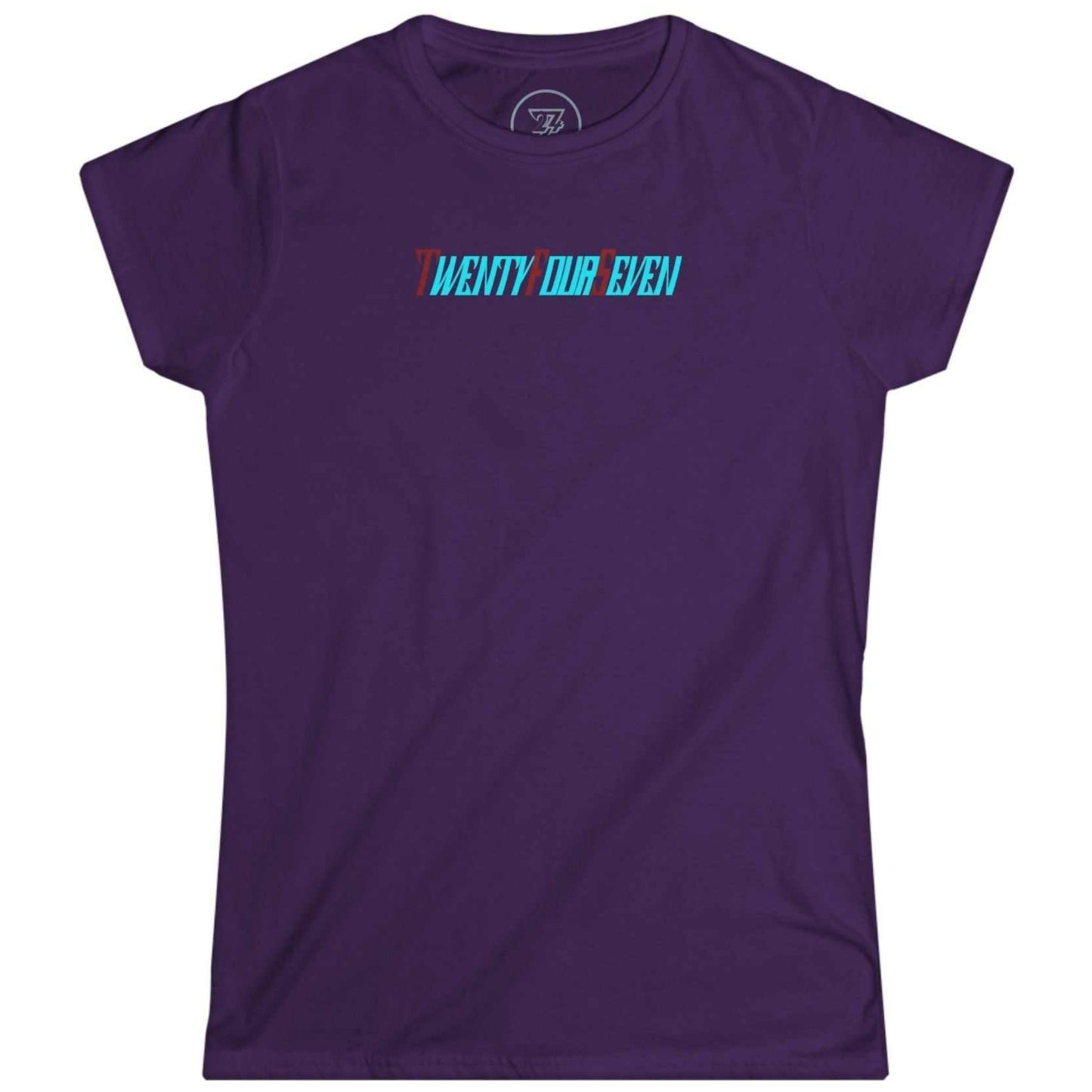 Solid purple women's elegant top showcasing the small chest placement stylized trademark logo.
