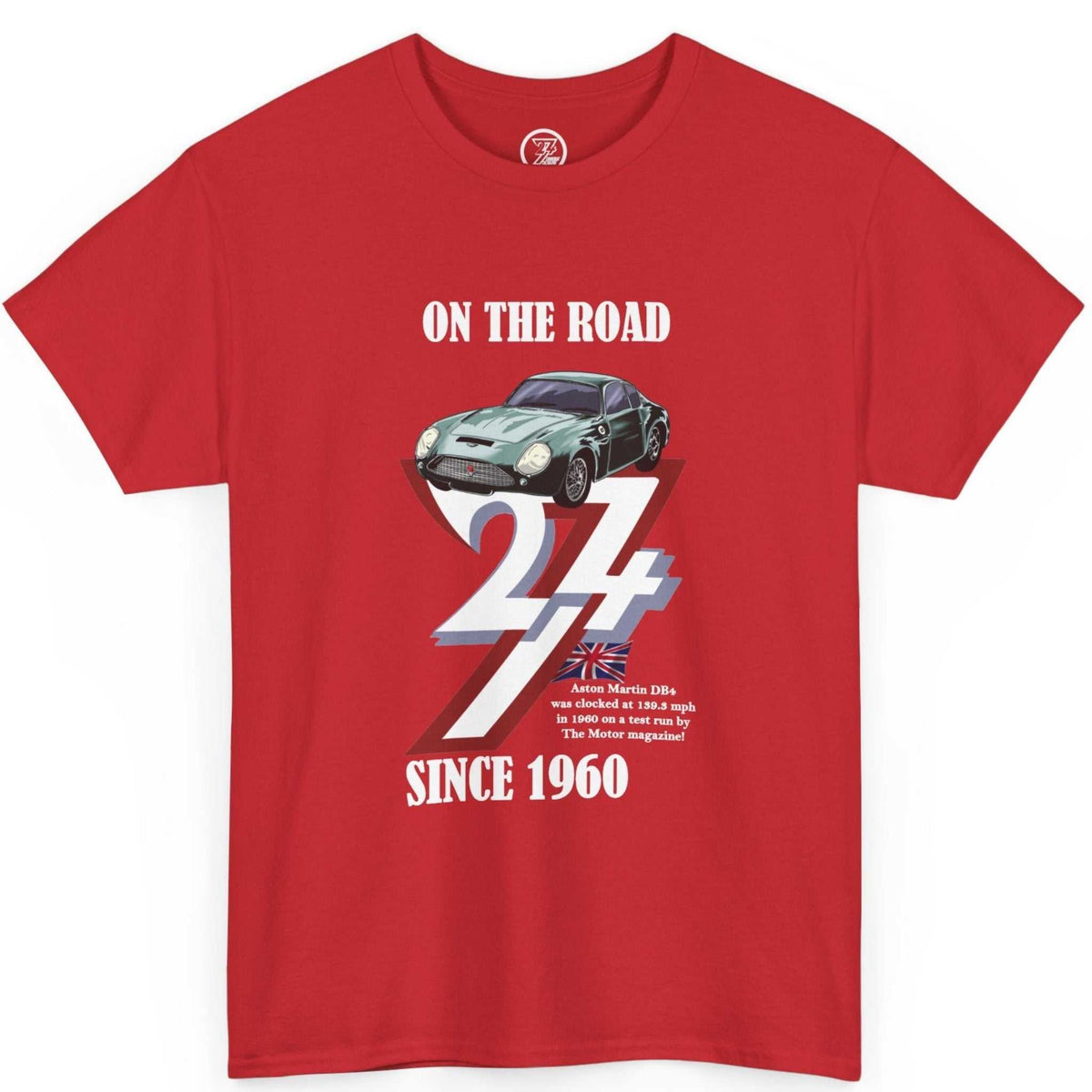 Front view of a bold red 1960 birthday gift for men tee featuring the classic car illustration and white typography, laid flat.
