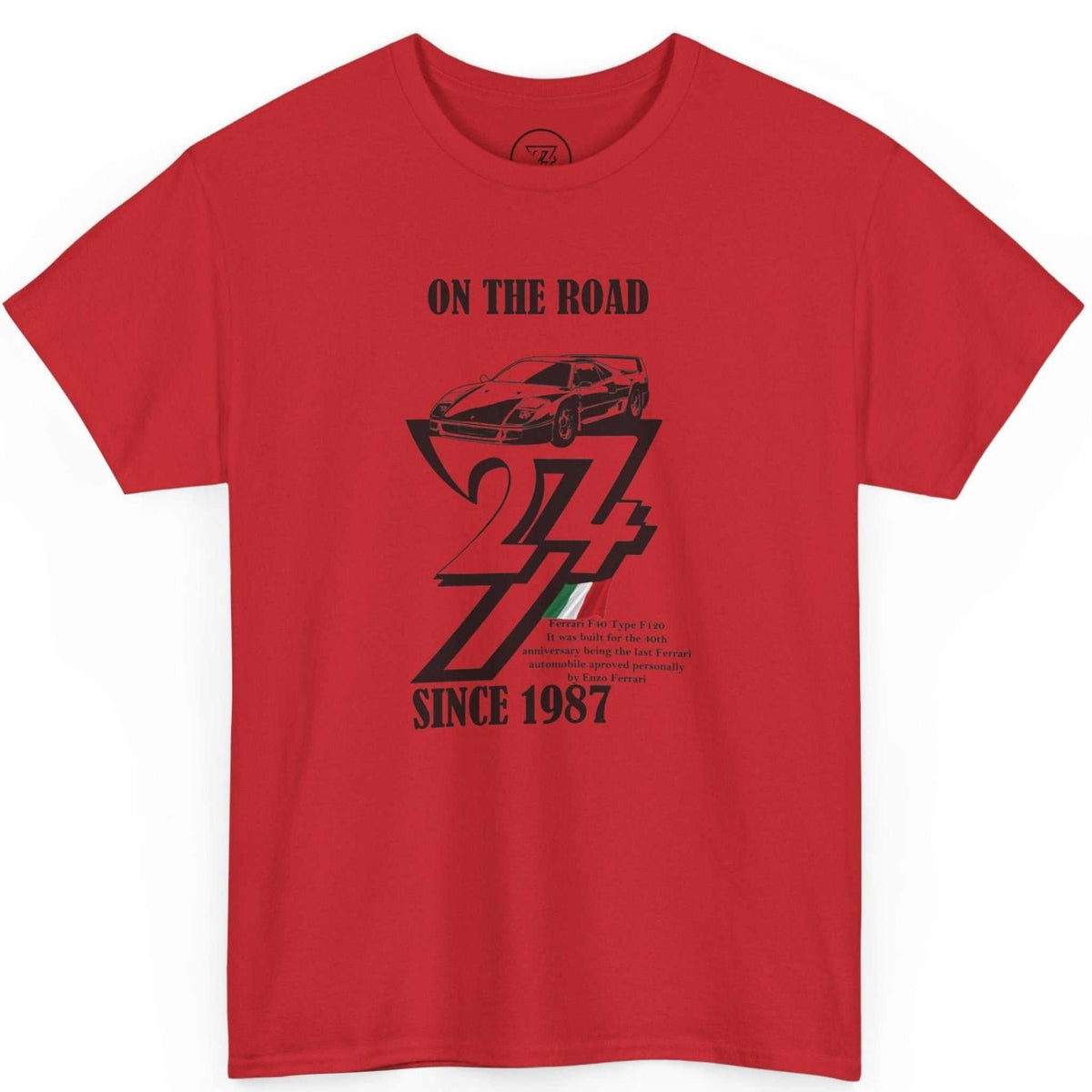 Front view of a bold red 1987 birthday gift for men tee showcasing the black hand-drawn supercar illustration, laid flat.