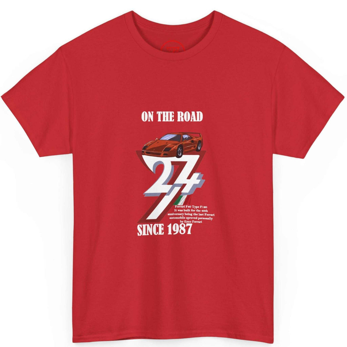 Front view of a bold red 1987 birthday gift for men tee showcasing the colorful hand-drawn supercar illustration, displayed on a clean background.