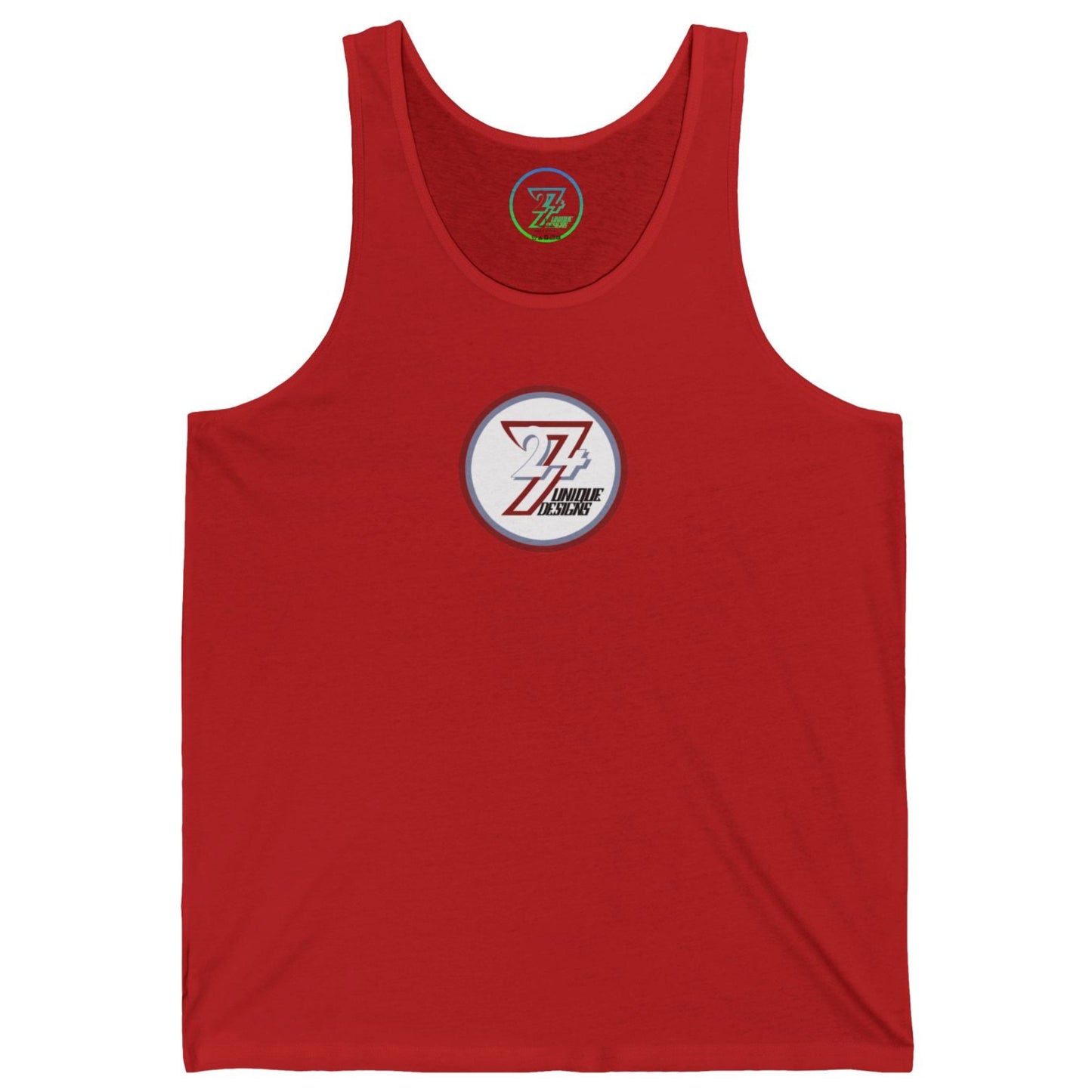 Vibrant red women's passion-fueled top with the unique, hand-drawn 24/7 trademark illustration.