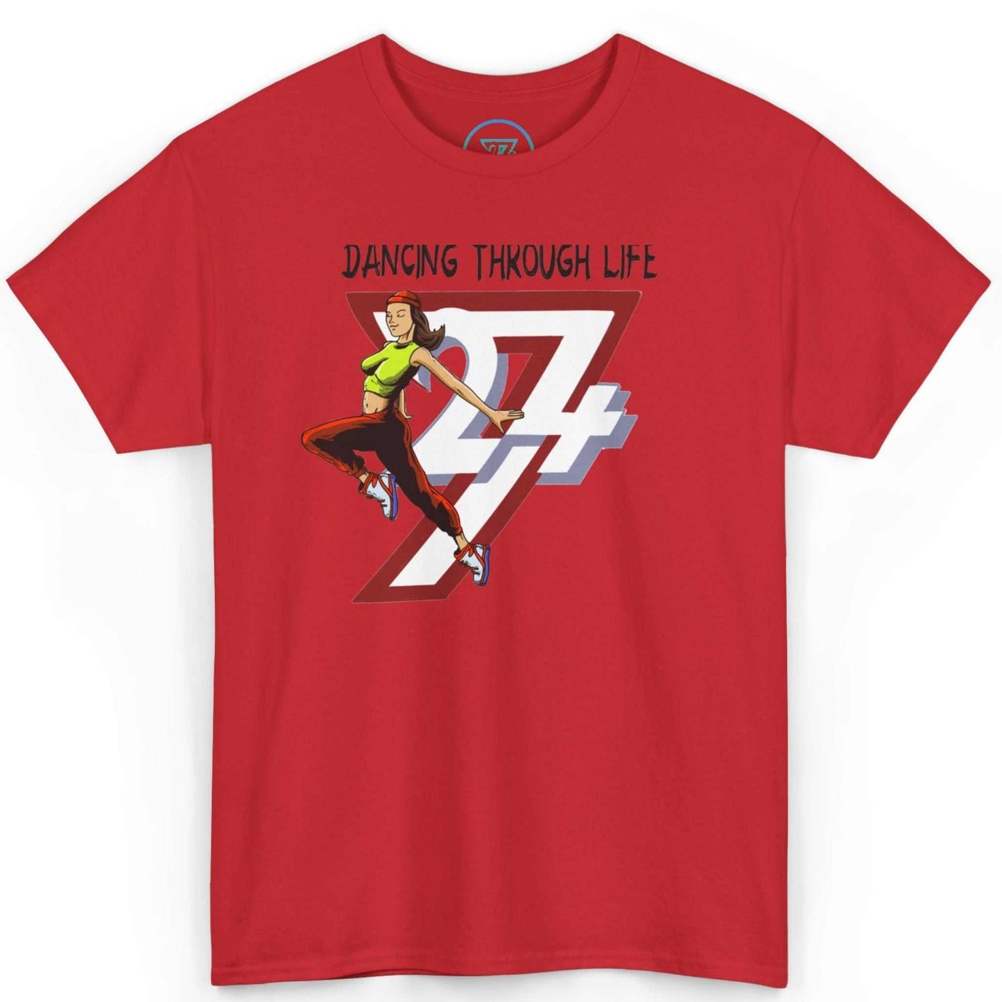 Front view of a bold red 90s hip-hop clothing tee featuring the dynamic comic-style urban illustration, laid flat on a clean background.