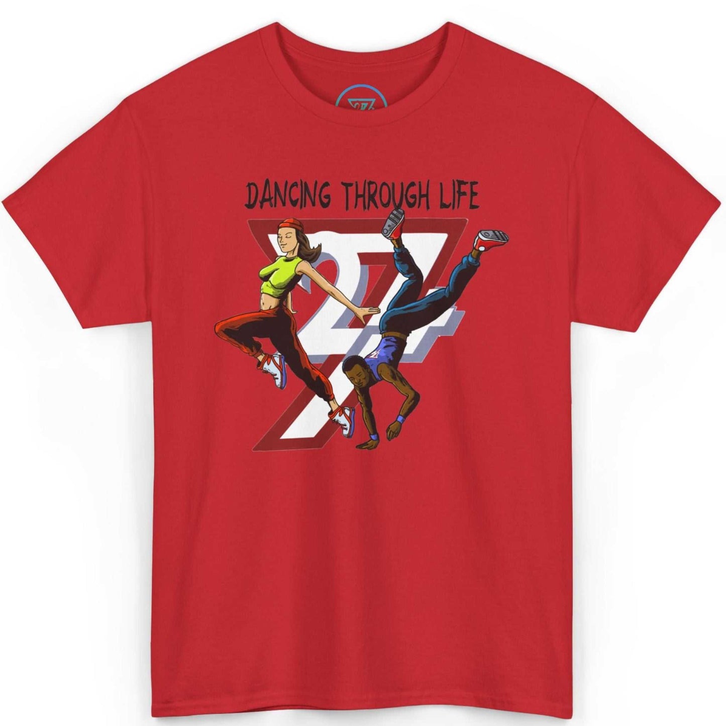 Front view of a bold red 90s hip-hop clothing tee featuring the dynamic comic-style illustration, laid flat on a clean background.
