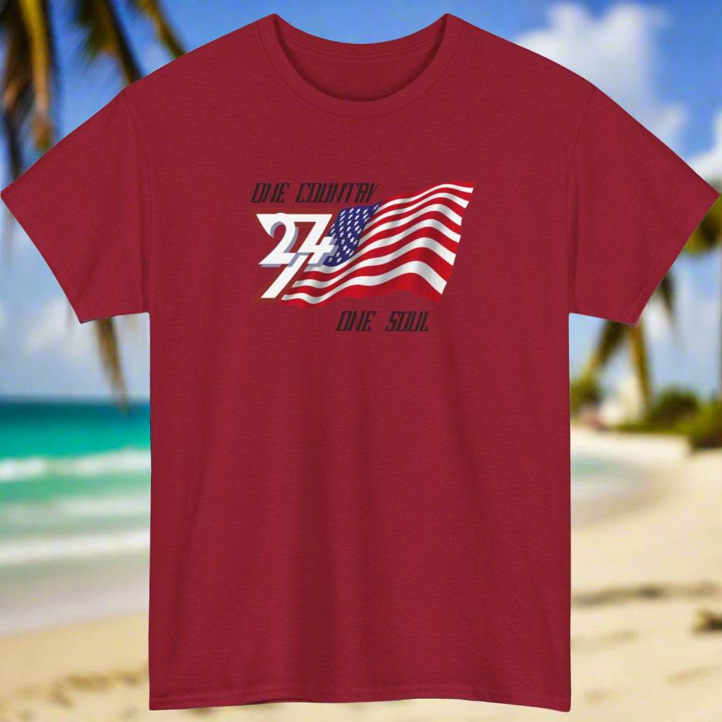 Red USA Graphic Tee with "One Country One Soul" slogan and American flag design, patriotic tee for adults.