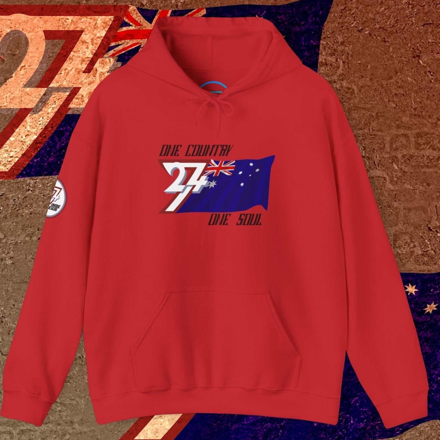 Red Australia pride hoodie with signature hand-drawn flag and 24/7 trademark branding.