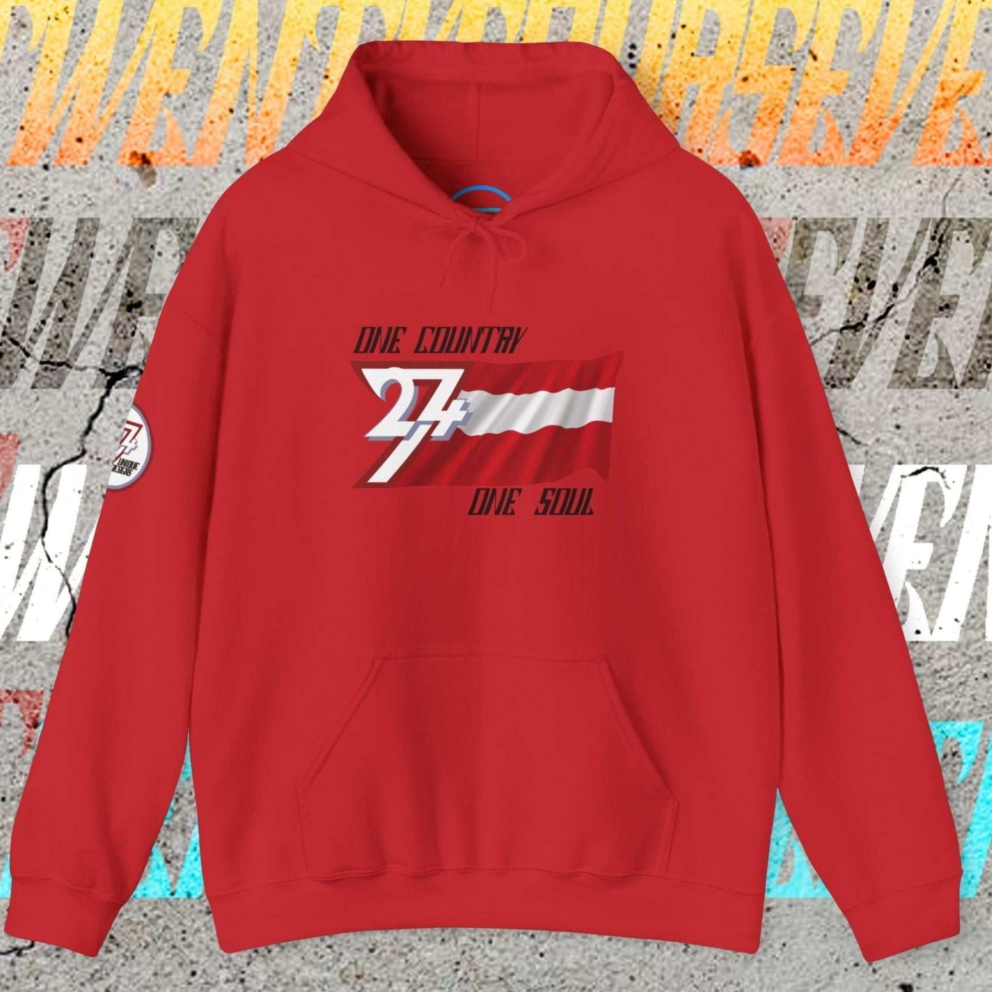 Red Austria pride hoodie with signature hand-drawn triband and 24/7 trademark branding.