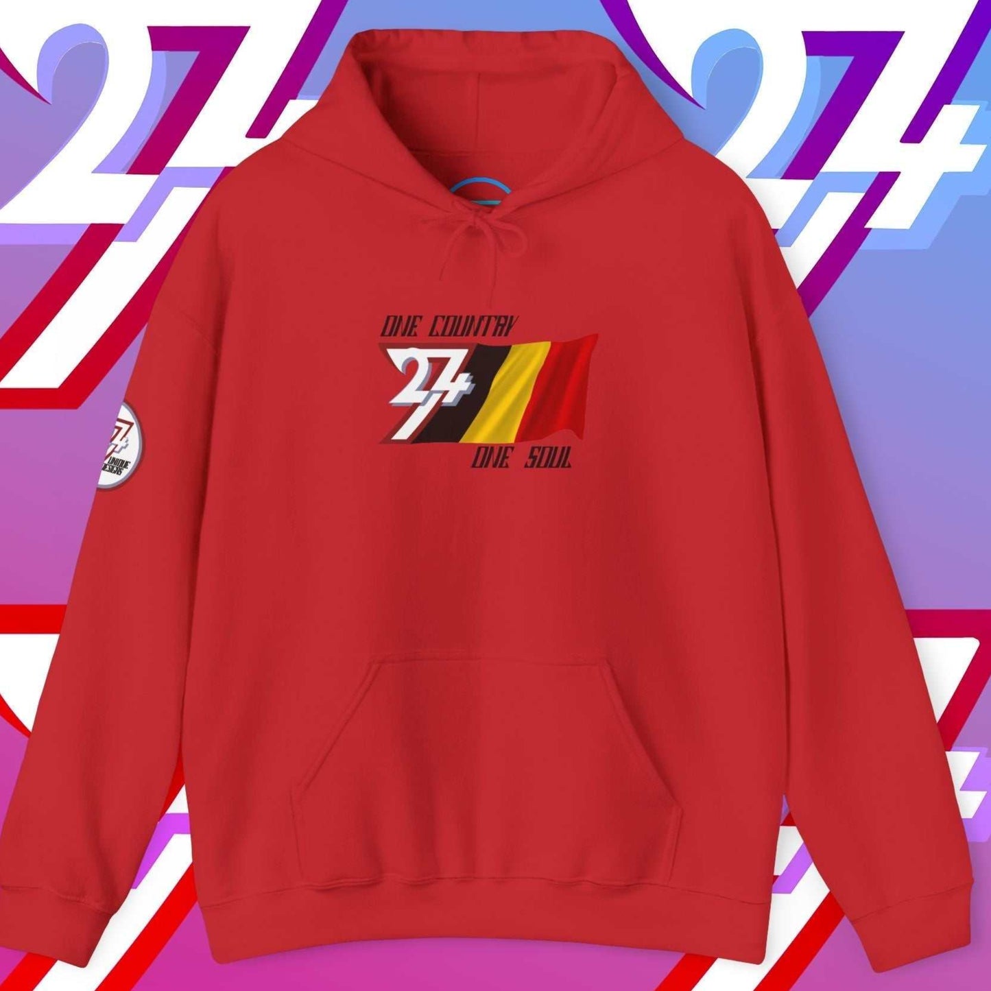 Red Belgium pride hoodie with signature hand-drawn tricolor and 24/7 trademark branding.