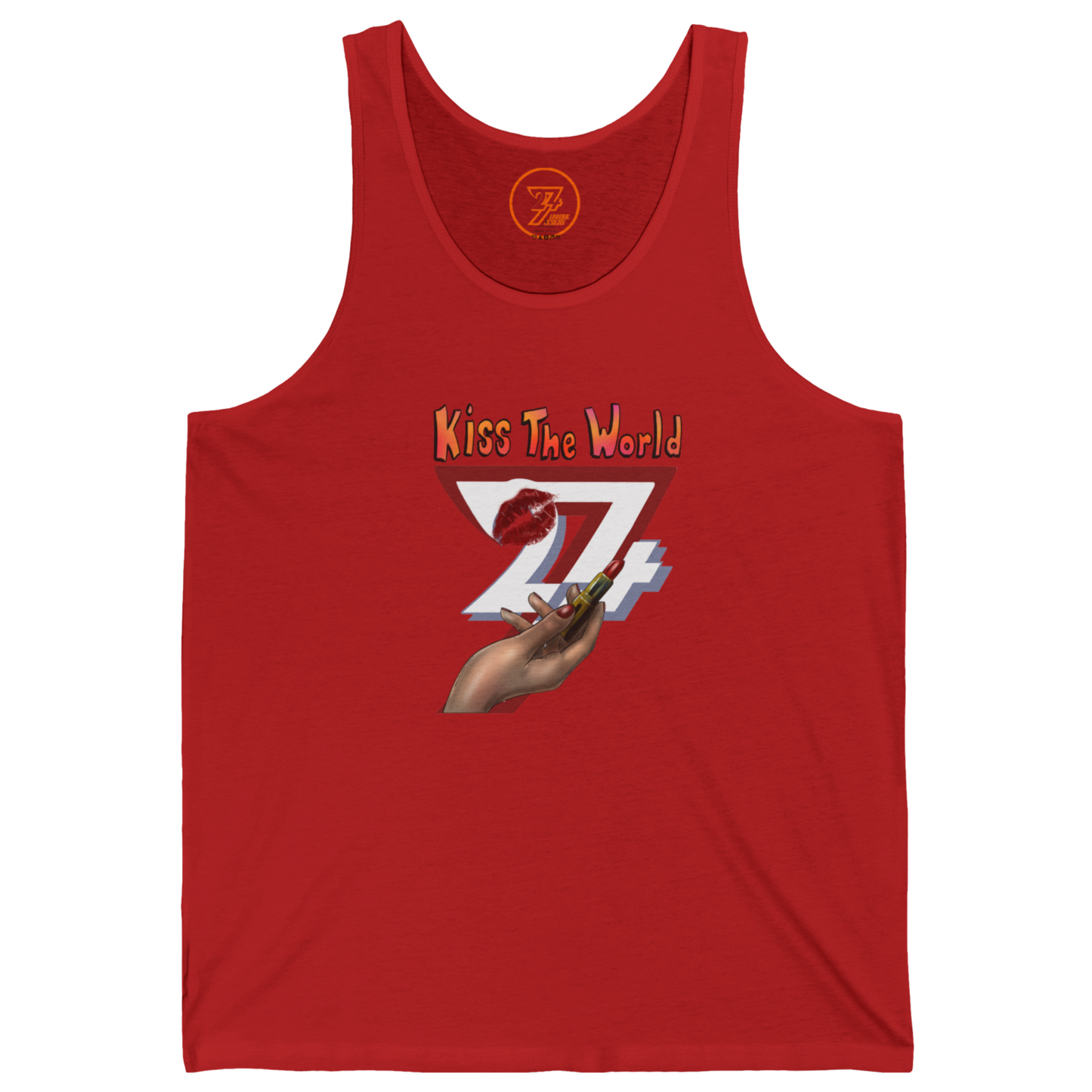 Bright red expressive tank top displaying a bold 24/7 logo with a lipstick and kiss graphic.
