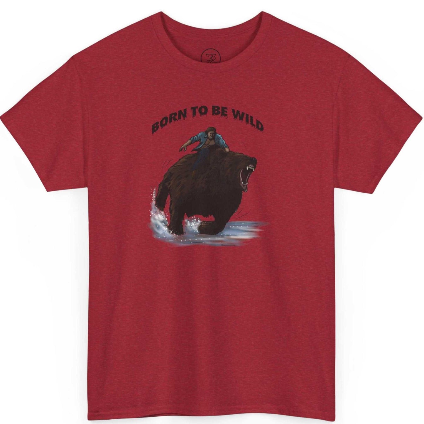Front view of a red bold life statement t-shirt with a retro outdoor bear design.