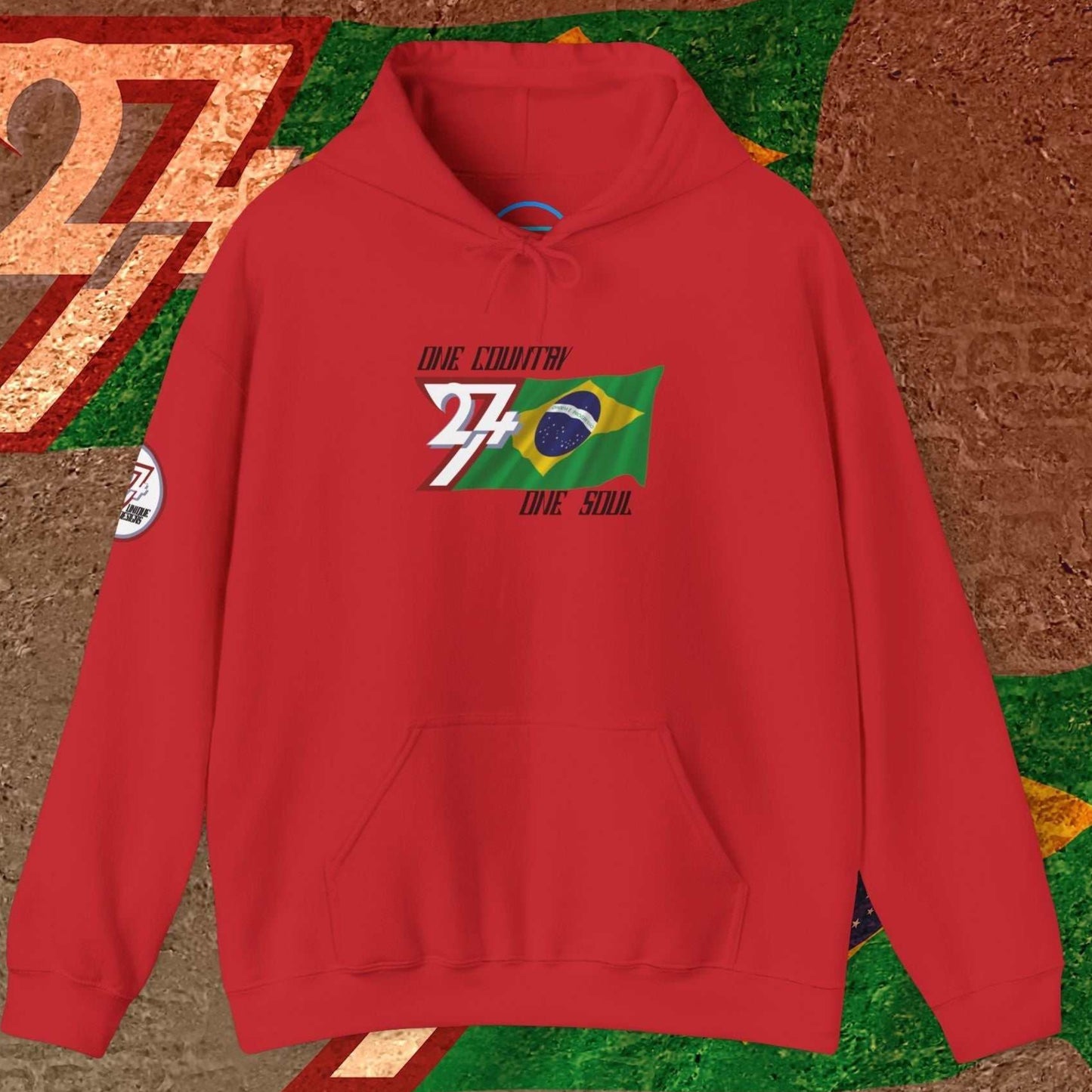 A full-view Red Brazil pride hoodie featuring our exclusive "One Country One Soul" refined artist print.