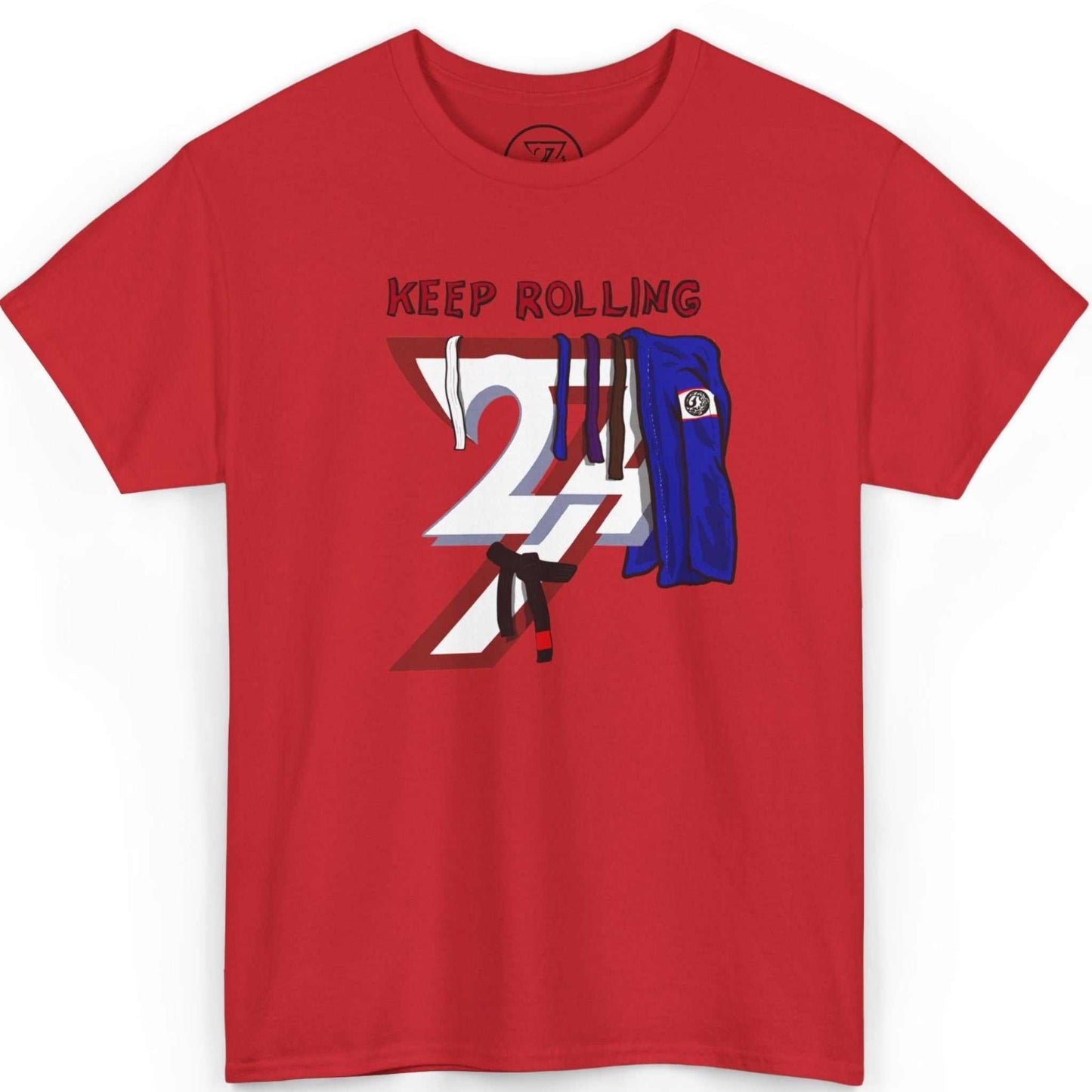 Front view of a vibrant red Brazilian Jiu-Jitsu apparel tee showcasing the belt system design, shown on a clean background.