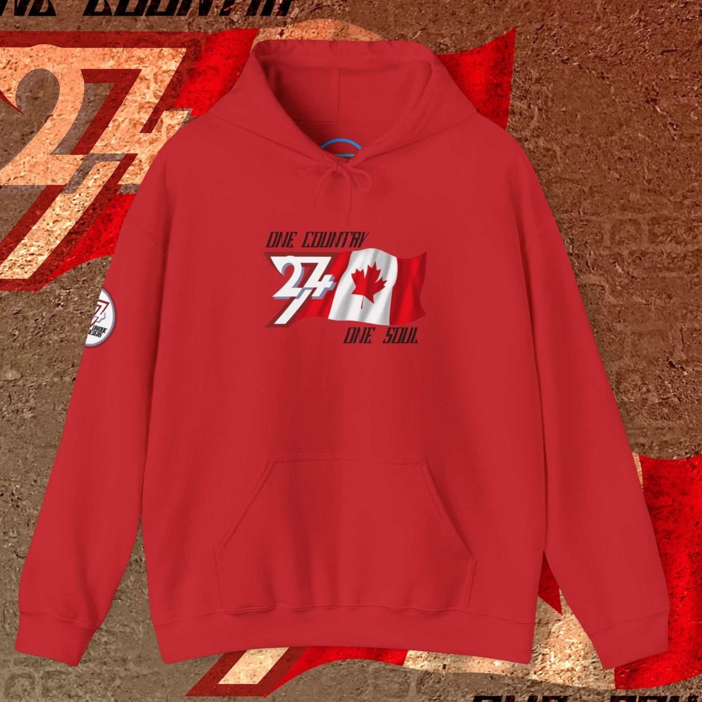 Red Canada pride hoodie with signature hand-drawn flag and 24/7 trademark branding.