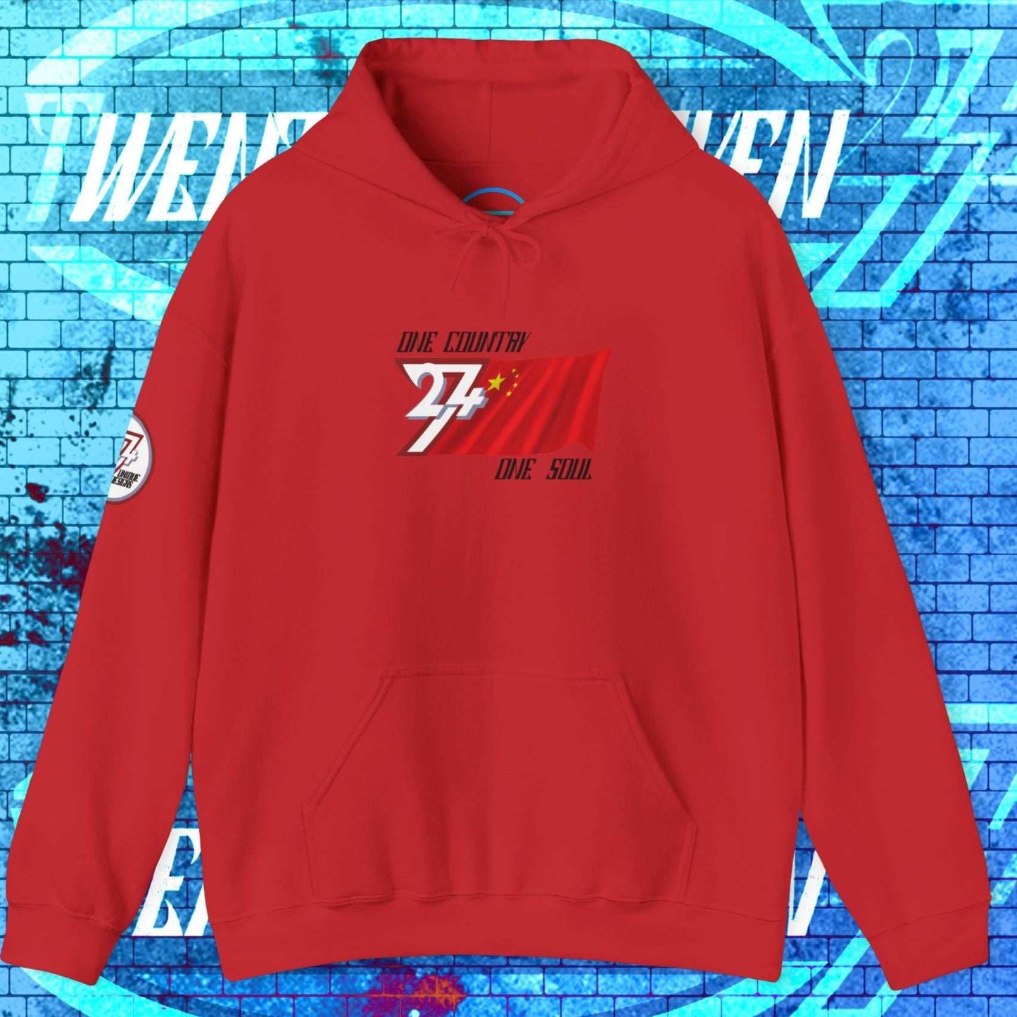 A full-view Red China pride hoodie featuring our exclusive "One Country One Soul" refined artist print.