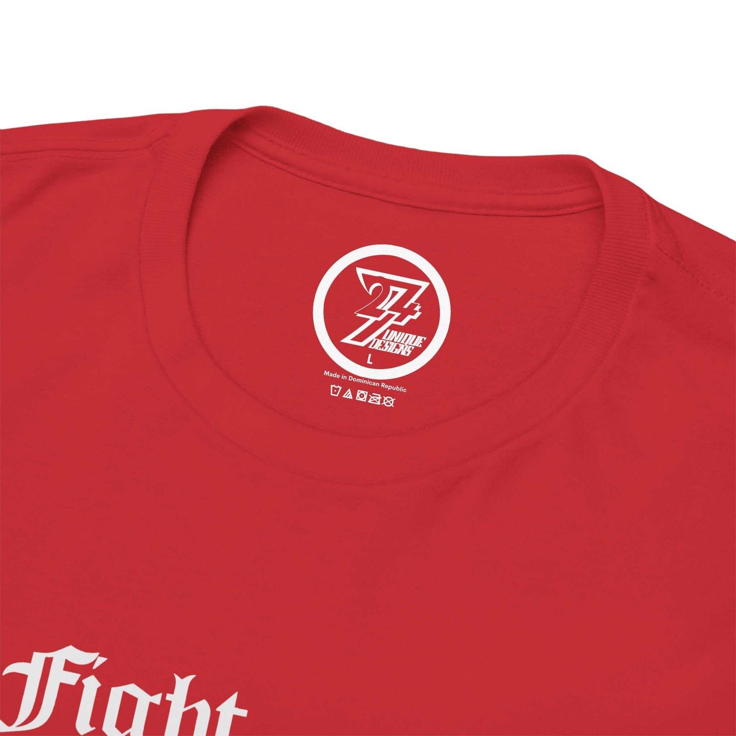 Close-up of the seamless crew neckline on the red combat sports tee, clearly showing the official 24/7 Unique Designs inner label branding.