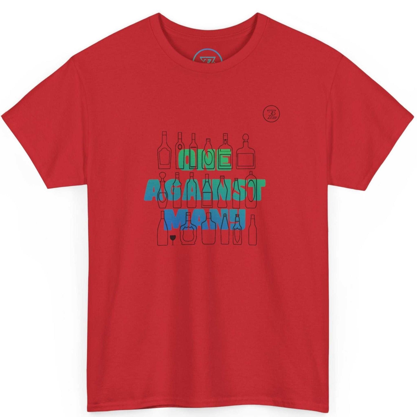 Red comic artist style apparel making the green and blue text pop, displayed on a clean background.