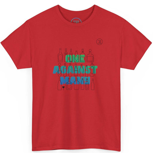 Red comic artist style apparel making the green and blue text pop, displayed on a clean background.