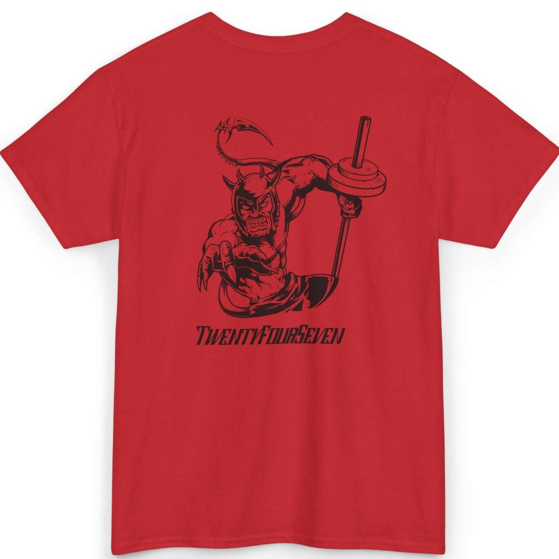 Back view of a vivid red comic style gym shirt displaying the hand-drawn ALK character graphic, shown on a clean background.