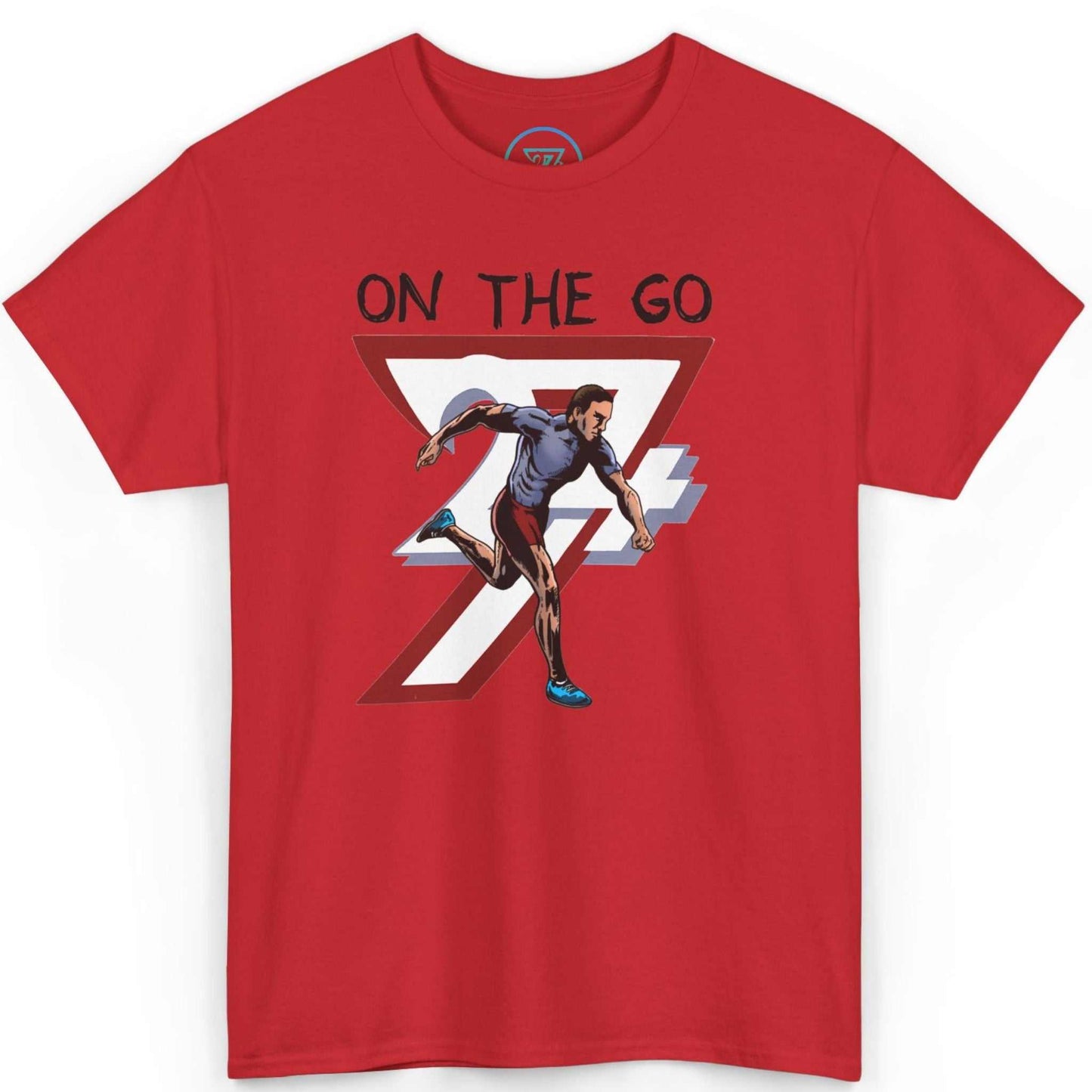 Front view of a bold red comic style running shirt featuring the hand-drawn activewear design, laid flat on a clean background.