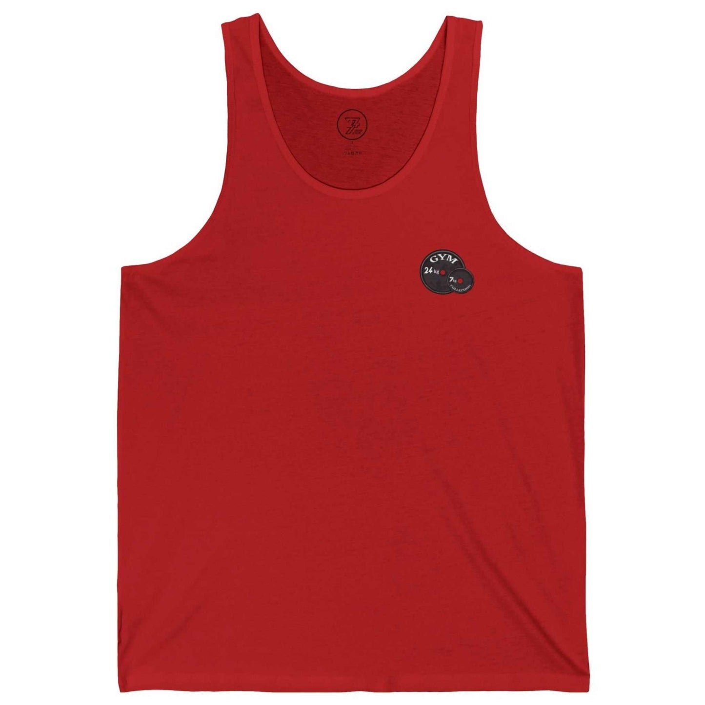 Front view of a bold red cool workout shirt tank displaying the minimalist weight plate design, shown on a clean background.