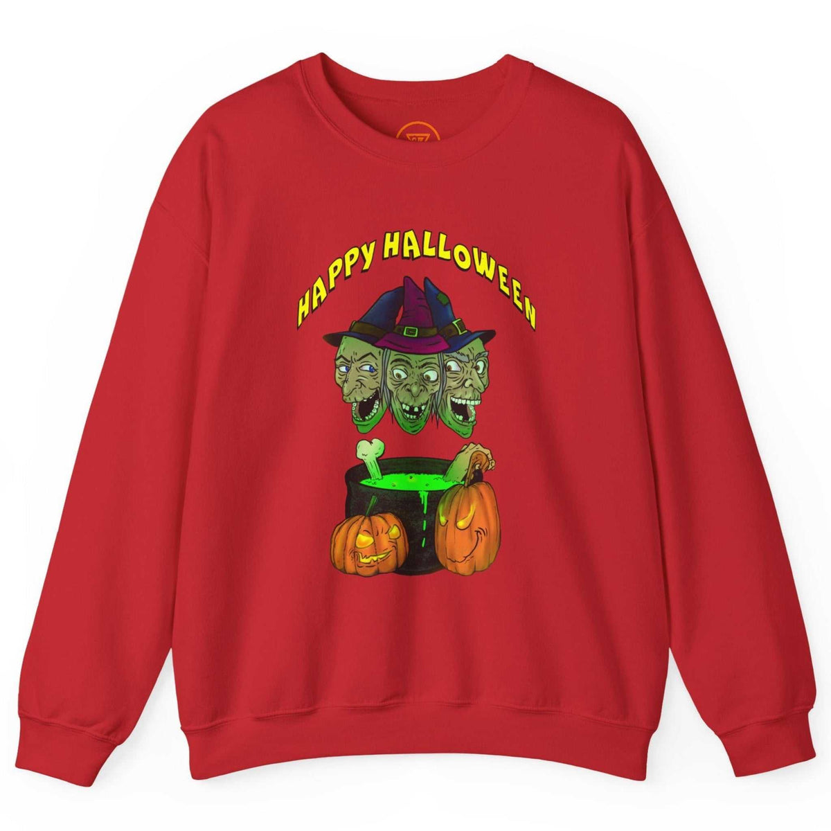 Front view of a vibrant red cozy funny Halloween sweater highlighting the digitally hand-drawn witches design.