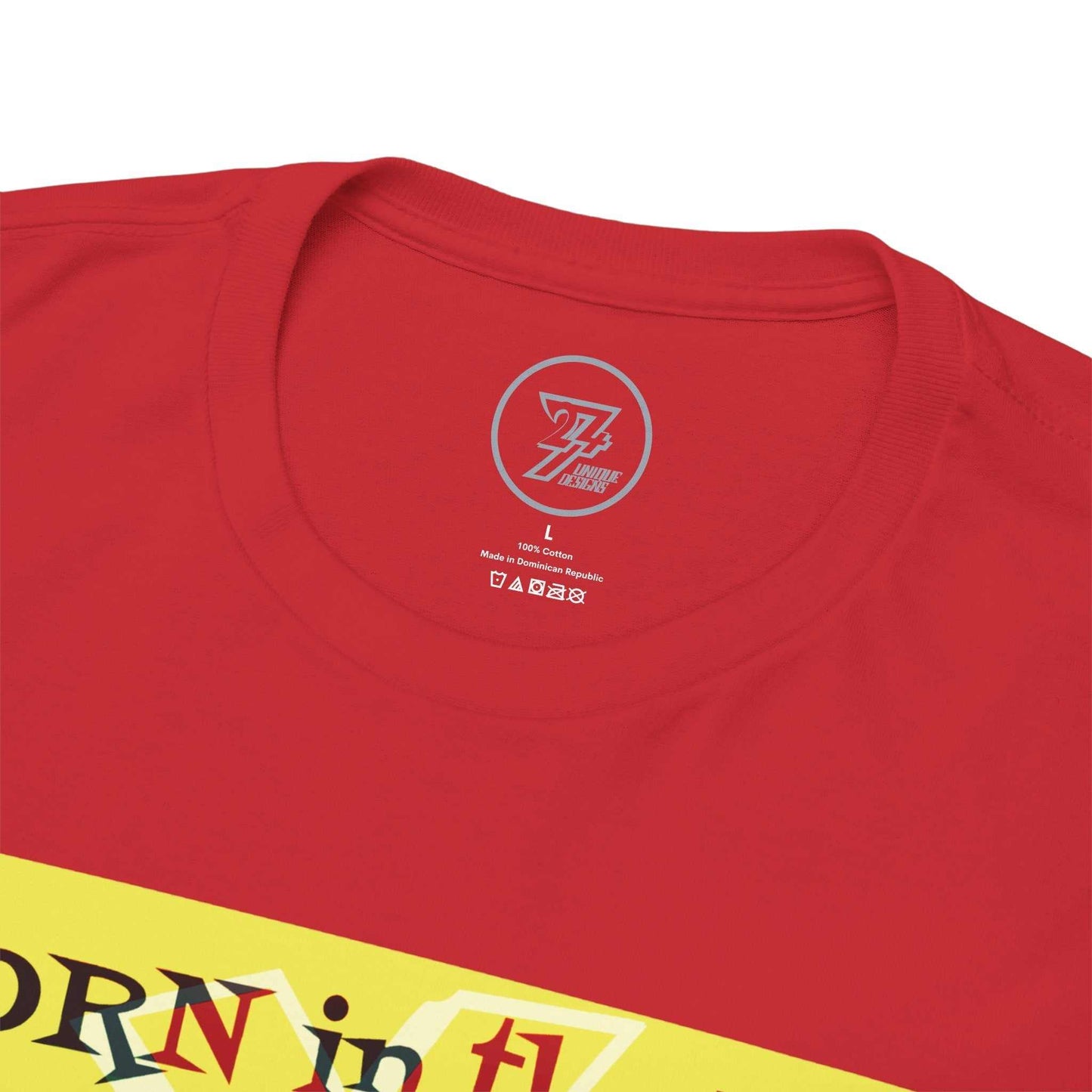 Collar stitching detail on the red custom printed nostalgic tee.