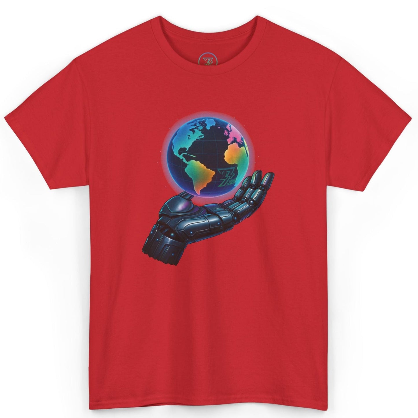 Flat lay of the red cyberpunk streetwear shirt with human-drawn boutique art.