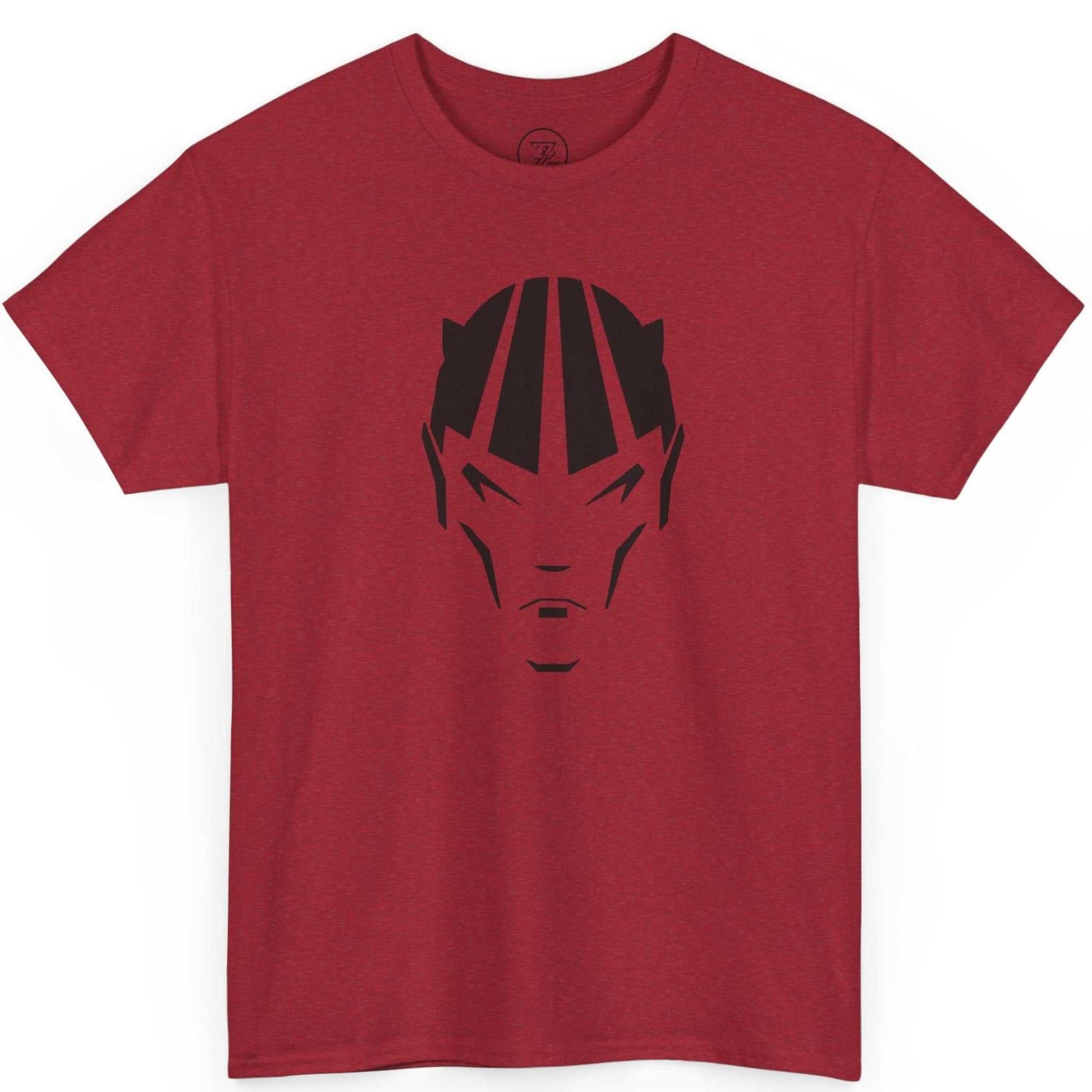 Front view of a red dark fantasy comic character tee featuring a black antihero silhouette illustration.