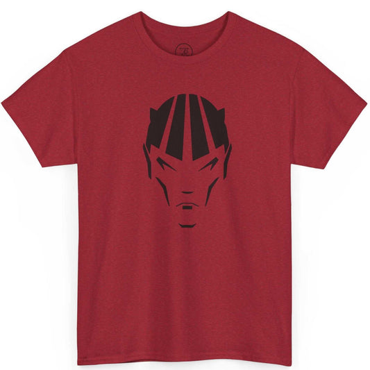 Front view of a red dark fantasy comic character tee featuring a black antihero silhouette illustration.