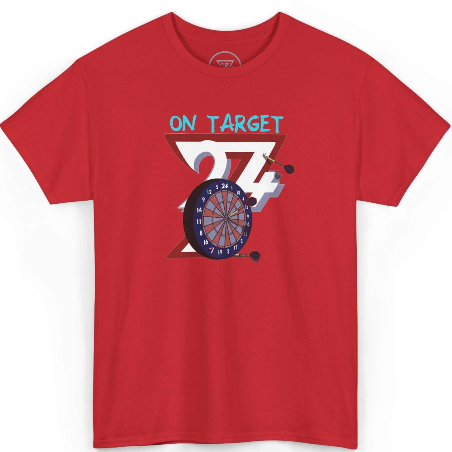 Front view of a bold red dart league apparel tee showcasing the detailed DTG artwork, displayed on a clean background.