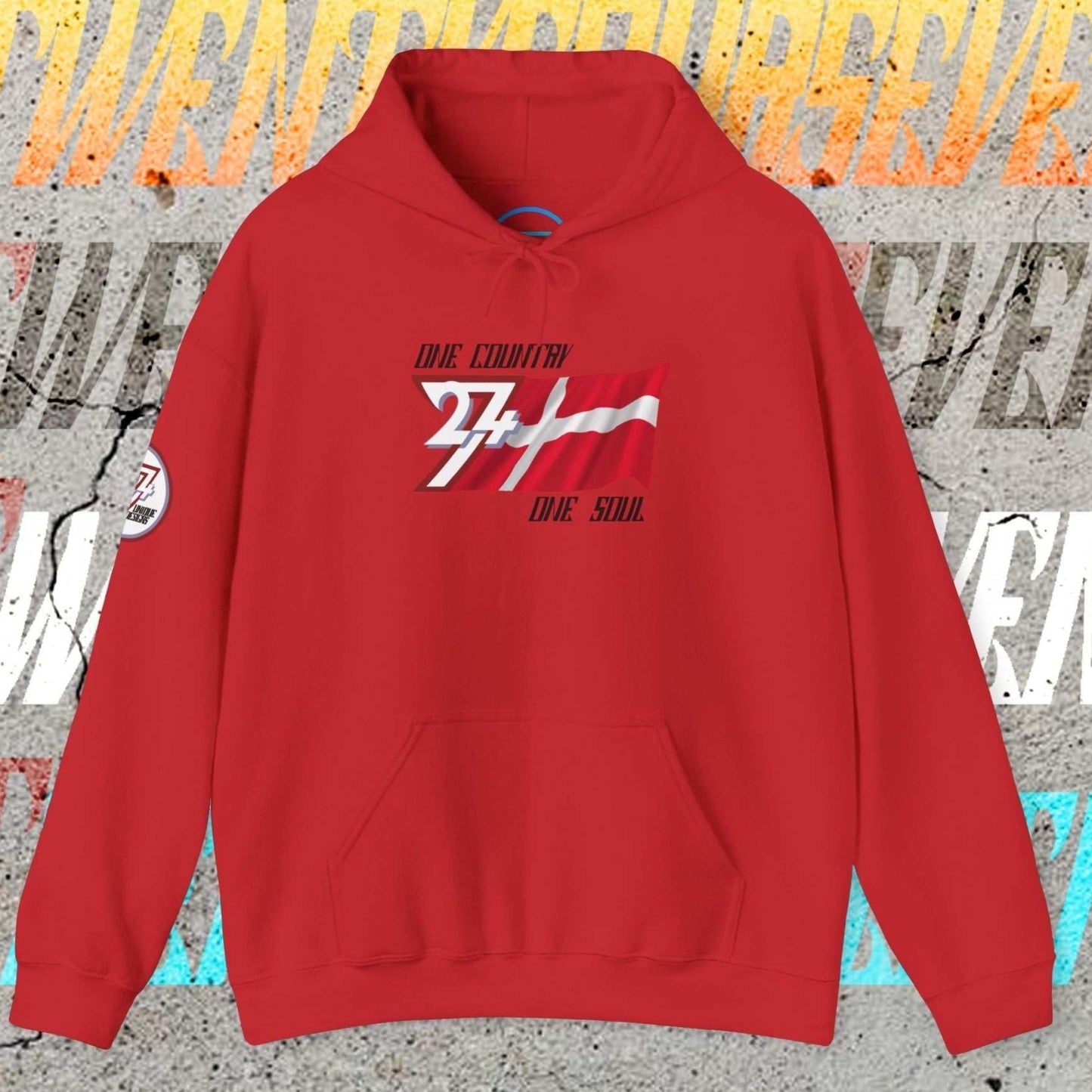 Red Danmark pride hoodie with signature hand-drawn flag and 24/7 trademark branding.