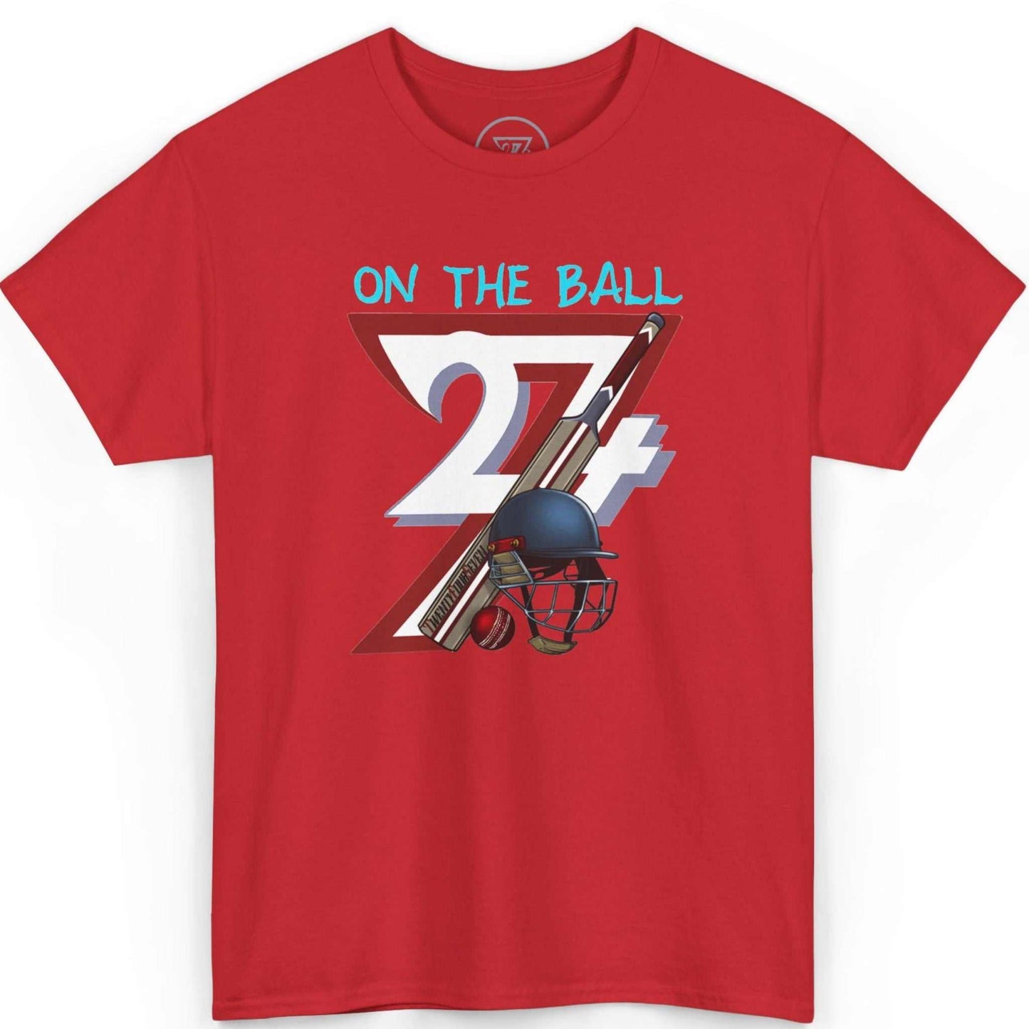 Front view of a bold red digital art sports t-shirt showcasing the 24/7 cricket graphic, displayed on a clean background.