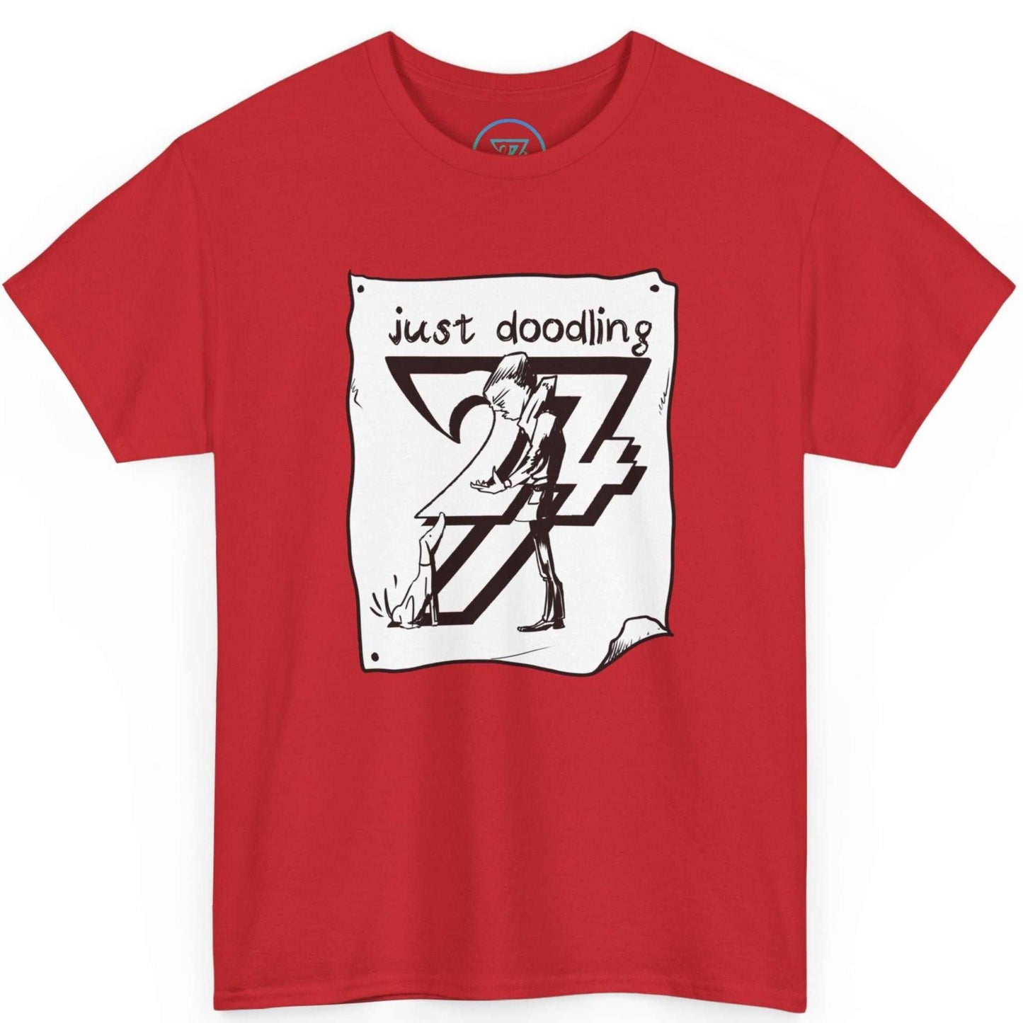 Bold red dog walking t-shirt highlighting the original caricature art, laid flat.