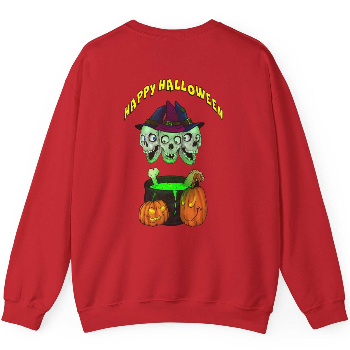 Back view of the red double-sided Halloween sweatshirt showcasing the skulls graphic, laid flat.