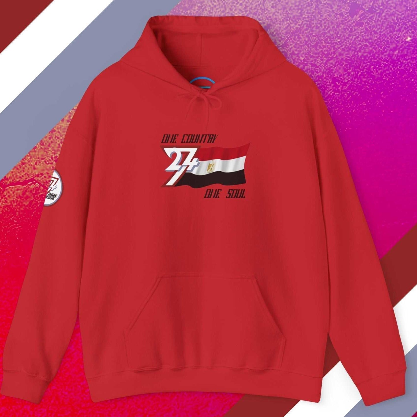 A full-view Red Egypt pride hoodie featuring our exclusive "One Country One Soul" refined artist print.