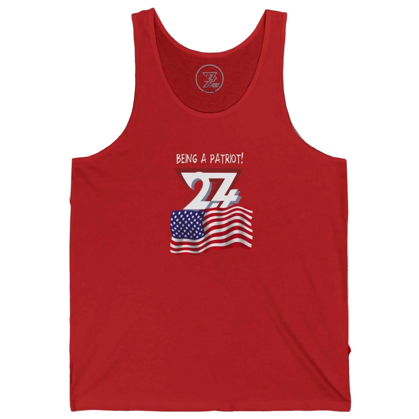 Bright red expressive American flag tank top perfect for concerts and political events.
