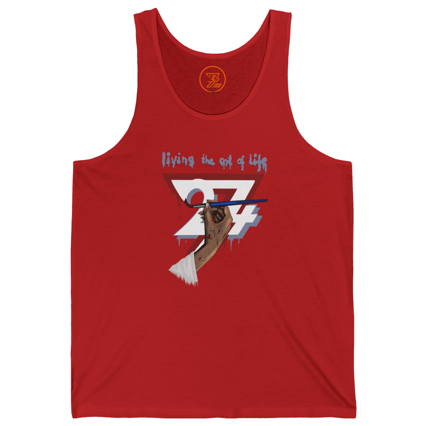 Bright red expressive tank top displaying a bold artist's hand graphic and logo.