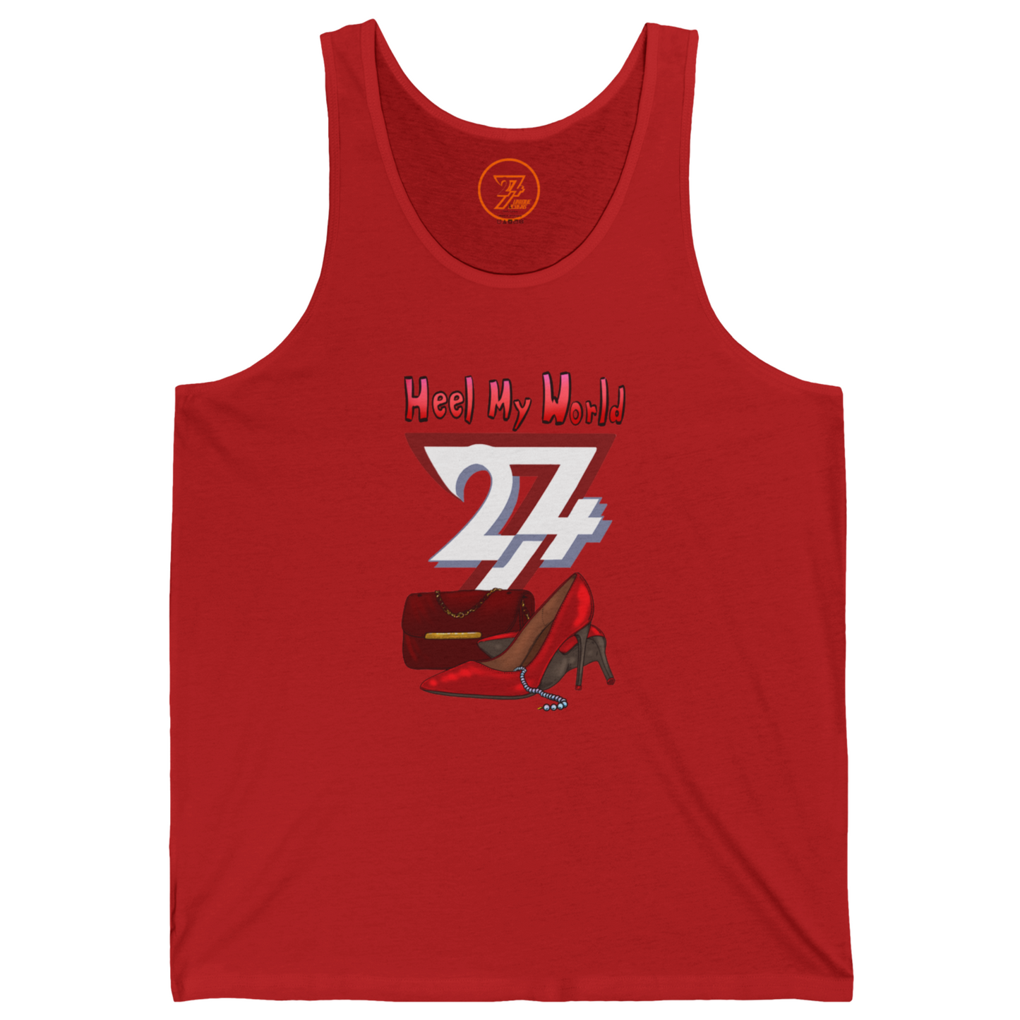 Bright red expressive tank top displaying a bold 24/7 logo with a handbag and heels.